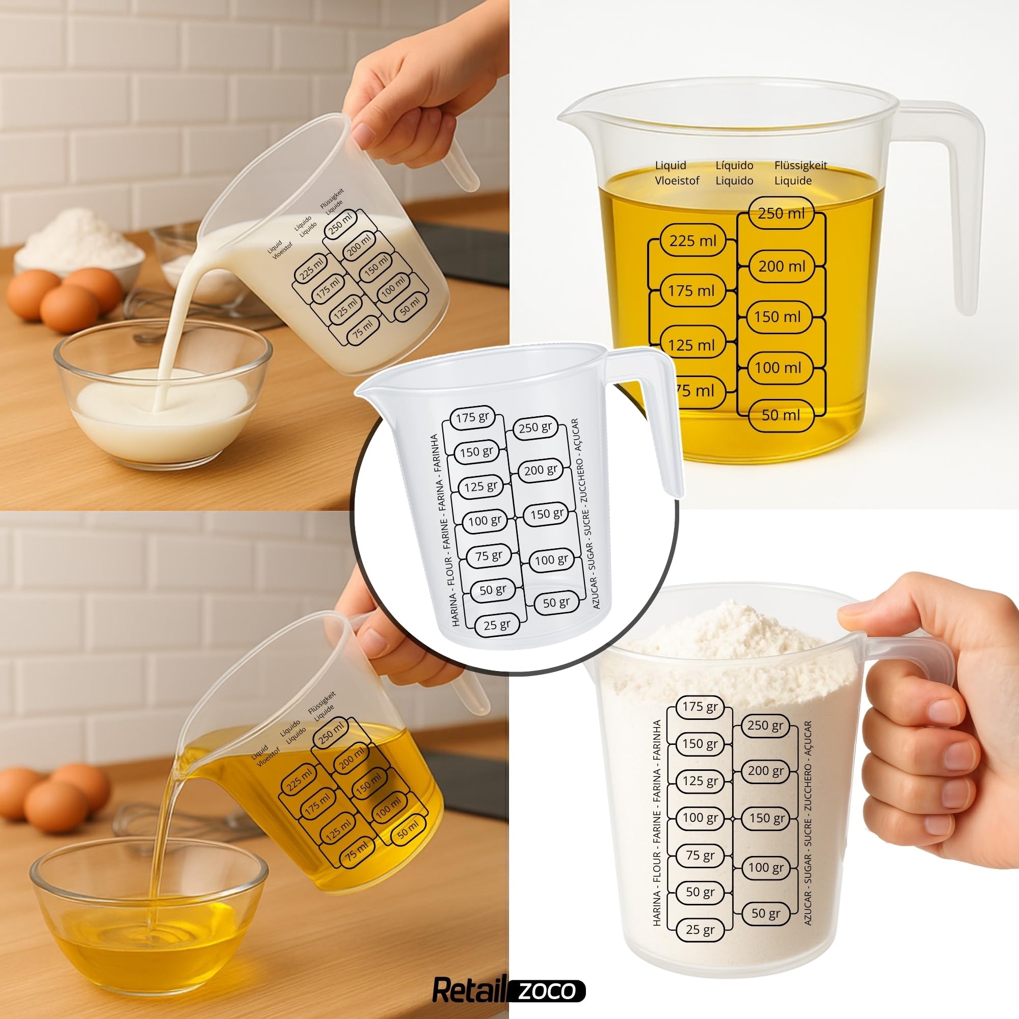 CHEFZOCO Jarra Medidora, Vaso medidor, Recipiente medidor para la cocina, Apto para calentar en microondas, Asa Ergonómica, Uso prolongado y repetido, Graduación dual ml/gr, Plástico, Transparente