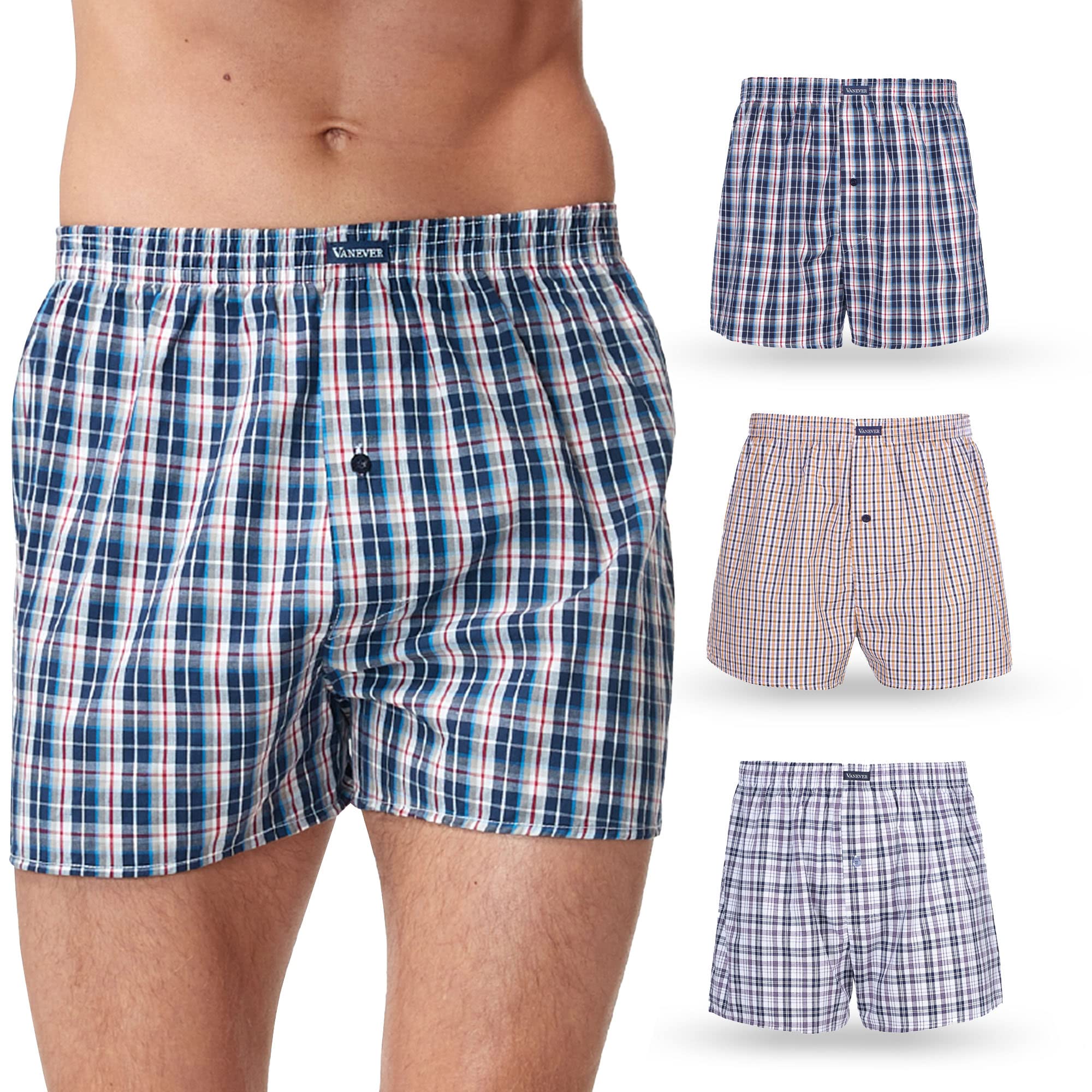 3PK Men's Woven Boxers, 100% Cotton Boxer Shorts with Button Fly Underwear