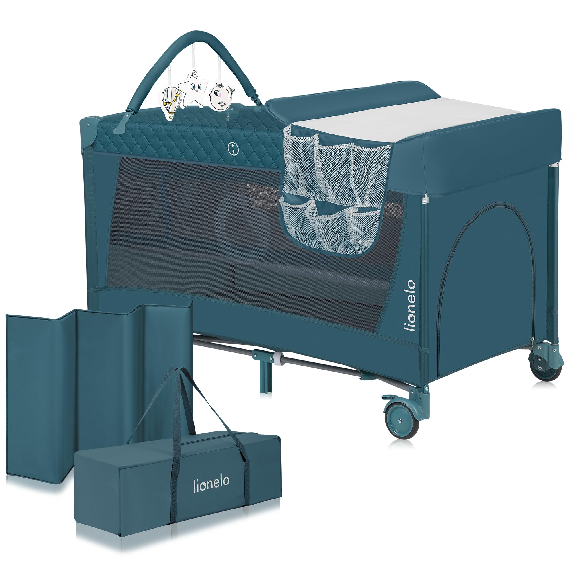 Lionelo Flower 4in1 Reisebett Baby mit Seiteneingang, Wickeltisch, Zwei Matratzenaufhängungshöhen, Spielzeugbogen mit Spielfiguren, Rollen, Tragetasche