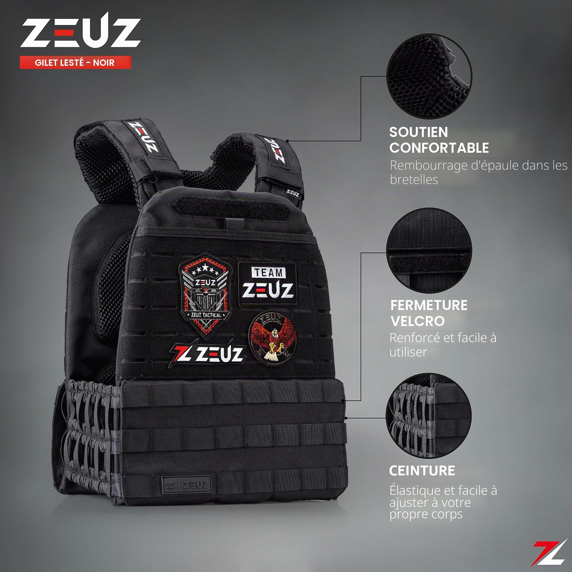 ZEUZ® Veste de musculation Crossfit & Fitness 16,5 KG – Gilet tactique & Gilet d'entraînement - Réglable en poids – 19 Stands - Noir