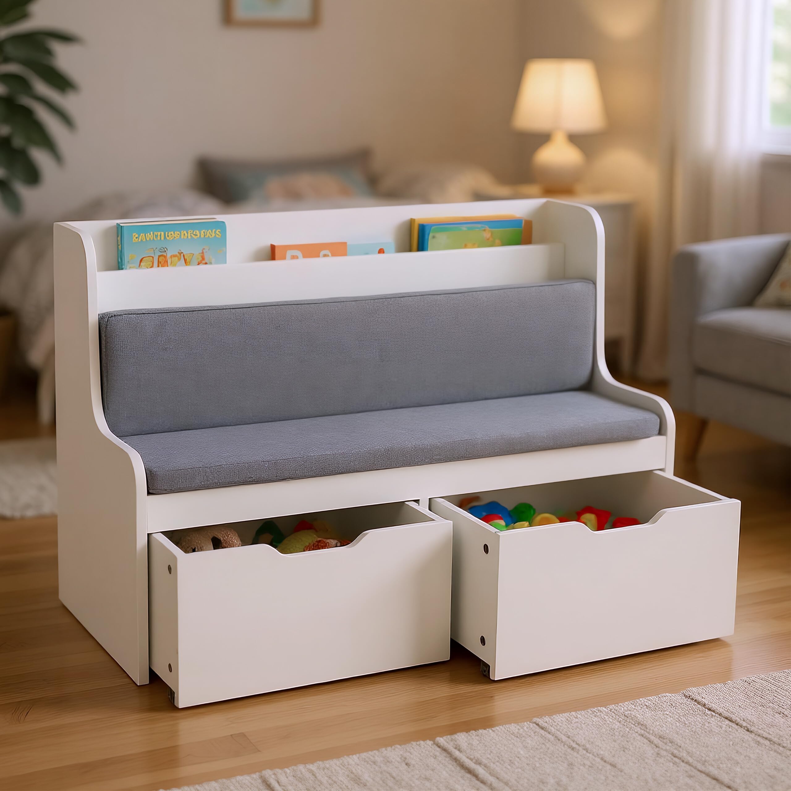 Panca per Bambini Relaxdays con Spazio per riporre, HxLxP: 70 x 100 x 45 cm, 2 cassetti, Bianco/Grigio