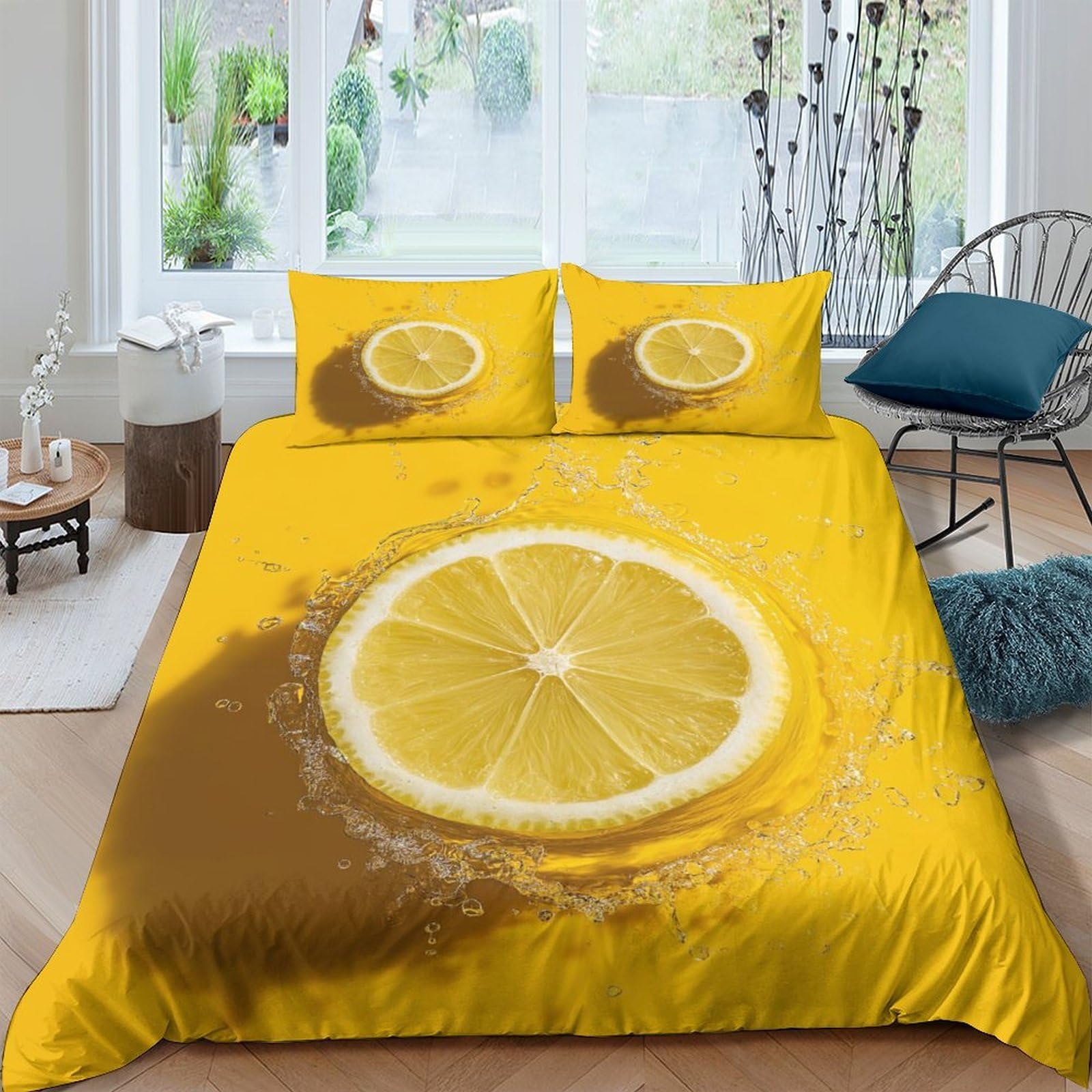 Housse de couette citron 135x200 microfibre avec taie d'oreiller