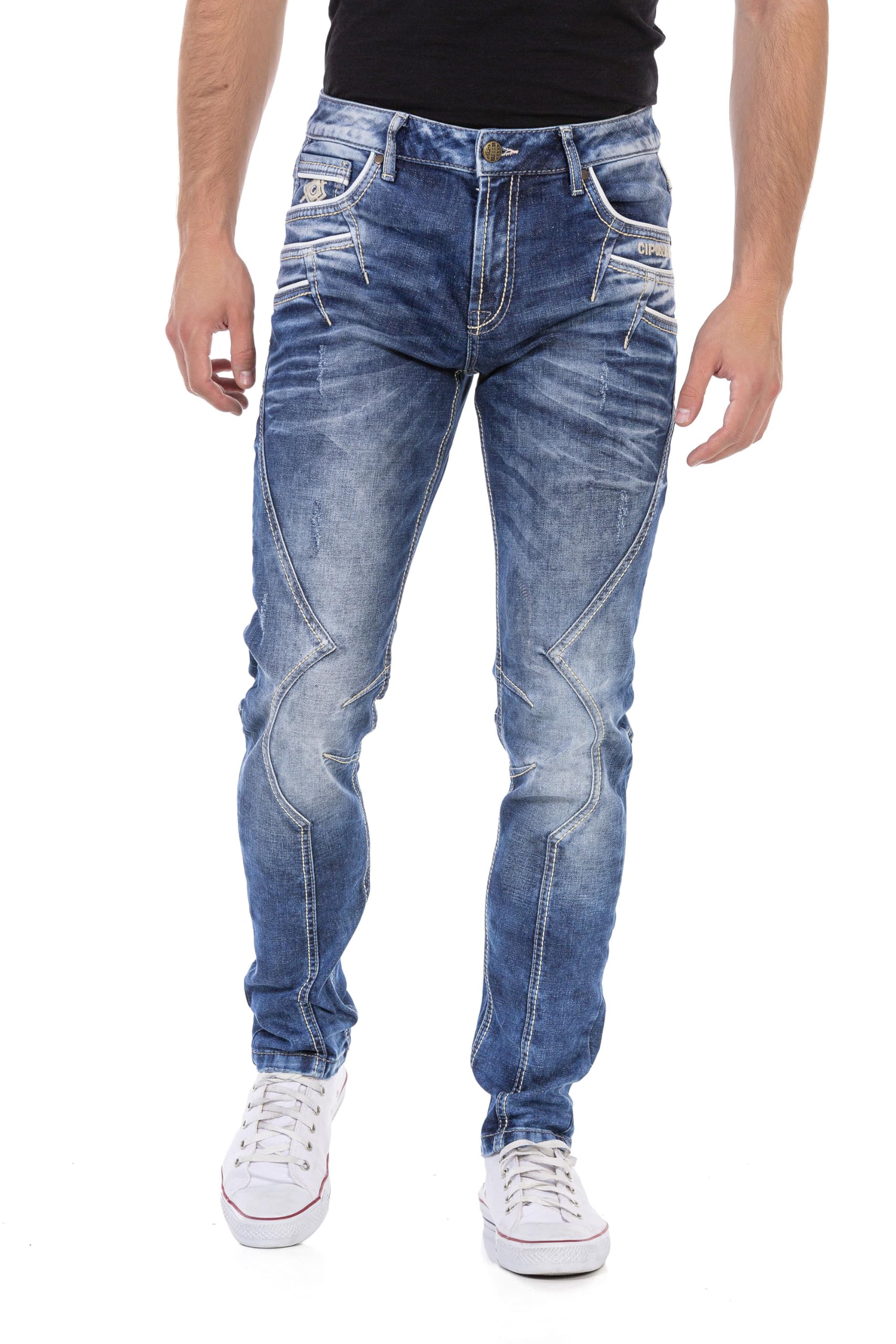 Cipo & Baxx Pantalones vaqueros para hombre, corte recto, pantalones vaqueros regulares en costura de contraste, pantalones vaqueros de algodón alto para hombres con costuras decorativas modernas,