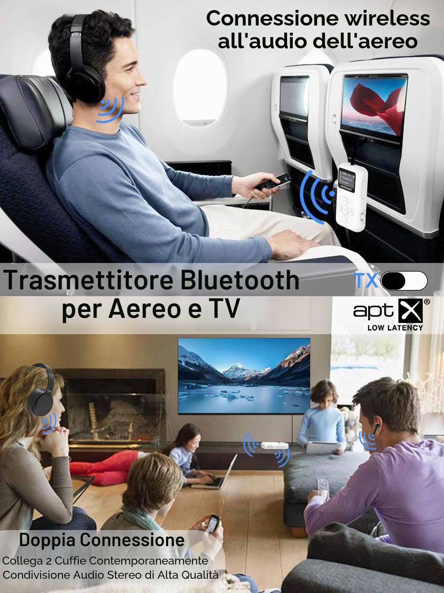 Trasmettitore Ricevitore Bluetooth 5.3 con Schermo OLED, 2 in 1 Adattatore con Jack Aux 3,5mm, aptX Bassa Latenza, HD Audio con Batteria da 25 Ore per TV, Impianto Stereo, 2 Cuffie, Auto