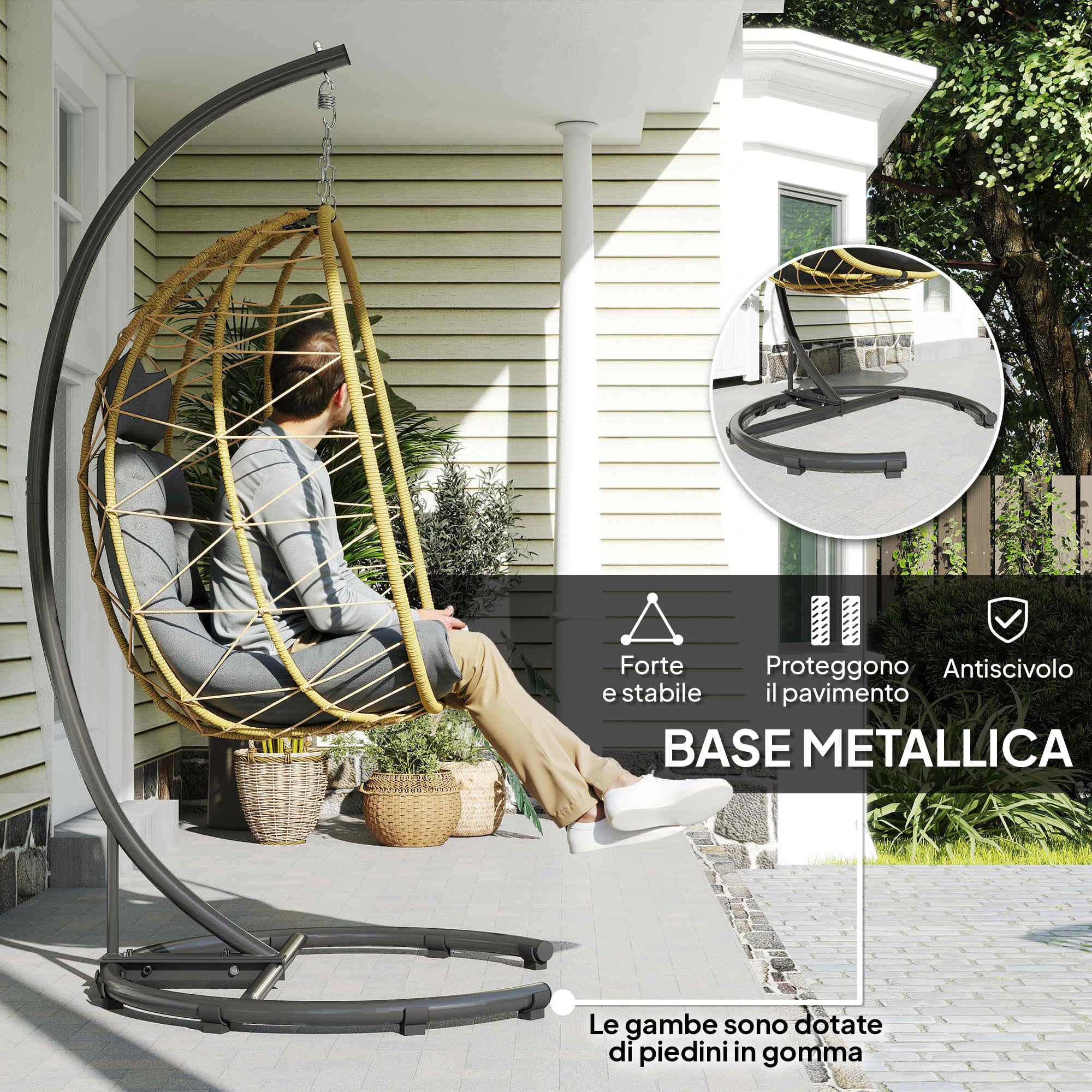 Outsunny Poltrona Sospesa 150kg Max 102x102x195 cm Nera Grigia e Beige | Cesto Pieghevole e Cuscini, Poltrona Sospesa da Giardino, Acciaio e Rattan PE