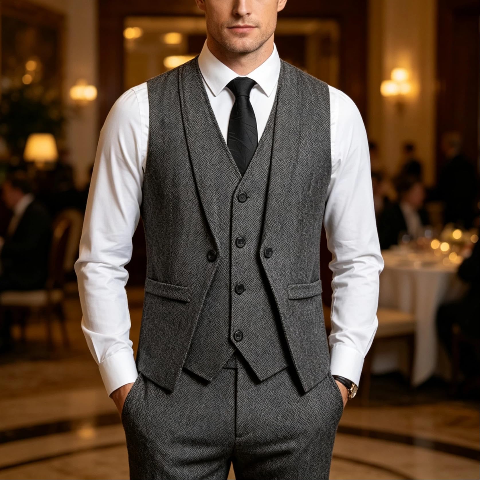 Generico Gilet Da Uomo In Tweed A Spina Di Pesce, Finto Completo A Due Pezzi, Con Tasche, Elegante Gilet Casual, Giacca Senza Maniche Vintage, Vestibilità Slim, Gilet Da Testimone Per Feste, Balli