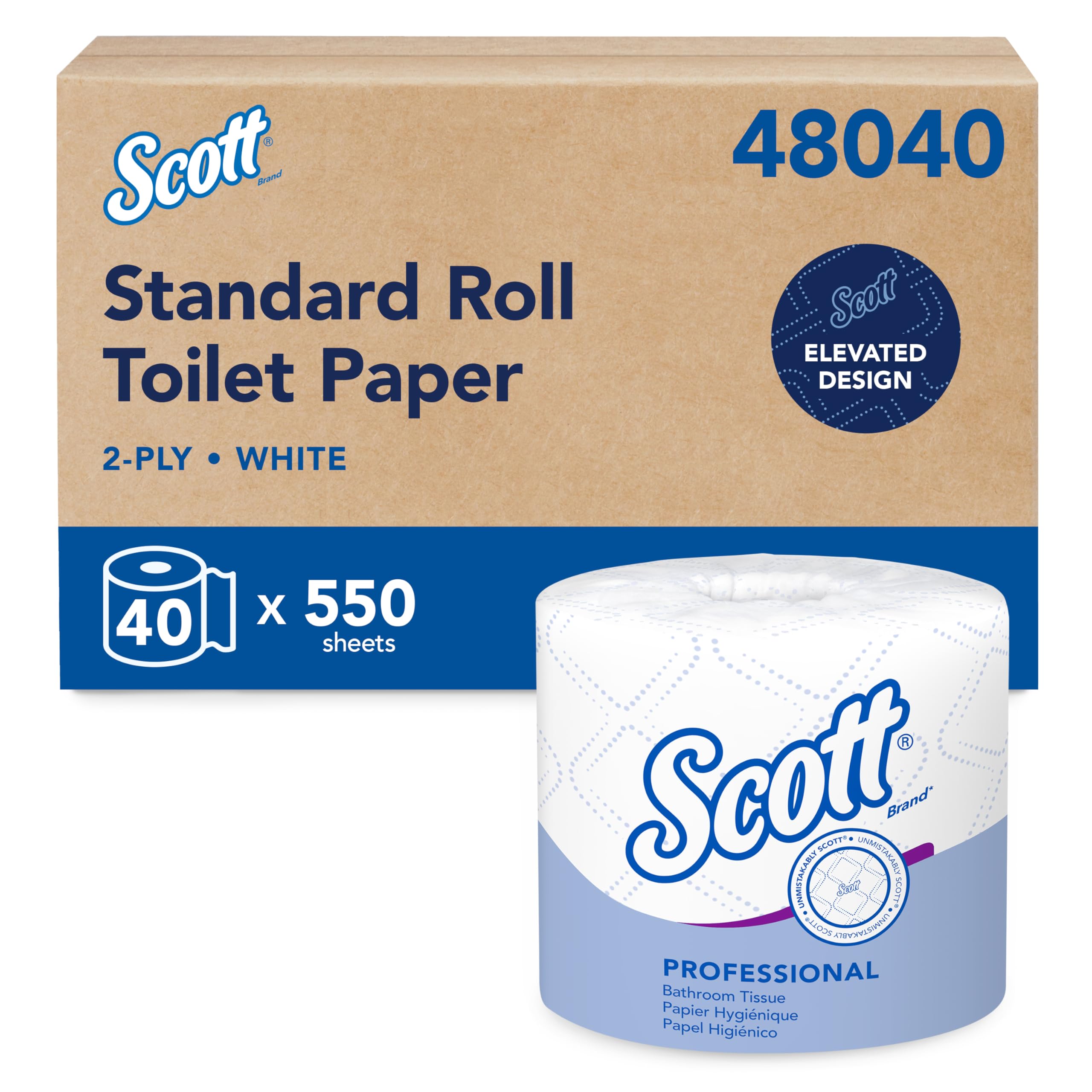 Scott Essential - Papel higiénico profesional a granel para empresas (48040), rollos estándar envueltos individualmente, 2 capas, blanco, 40 rollos/caja, 550 hojas/rollo