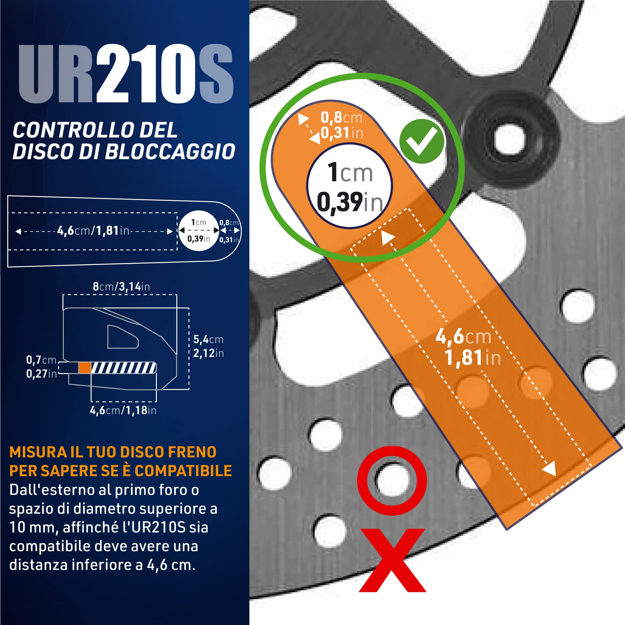 URBAN UR210S Blocca Disco per Moto, Omologato SRA, Antifurto Moto Serratura Alta Sicurezza, Esclusivo Design Acciaio Inossidabile Lucidato, Doppio Bloccaggio Ø10, Lucchetto Bloccadisco Scooter