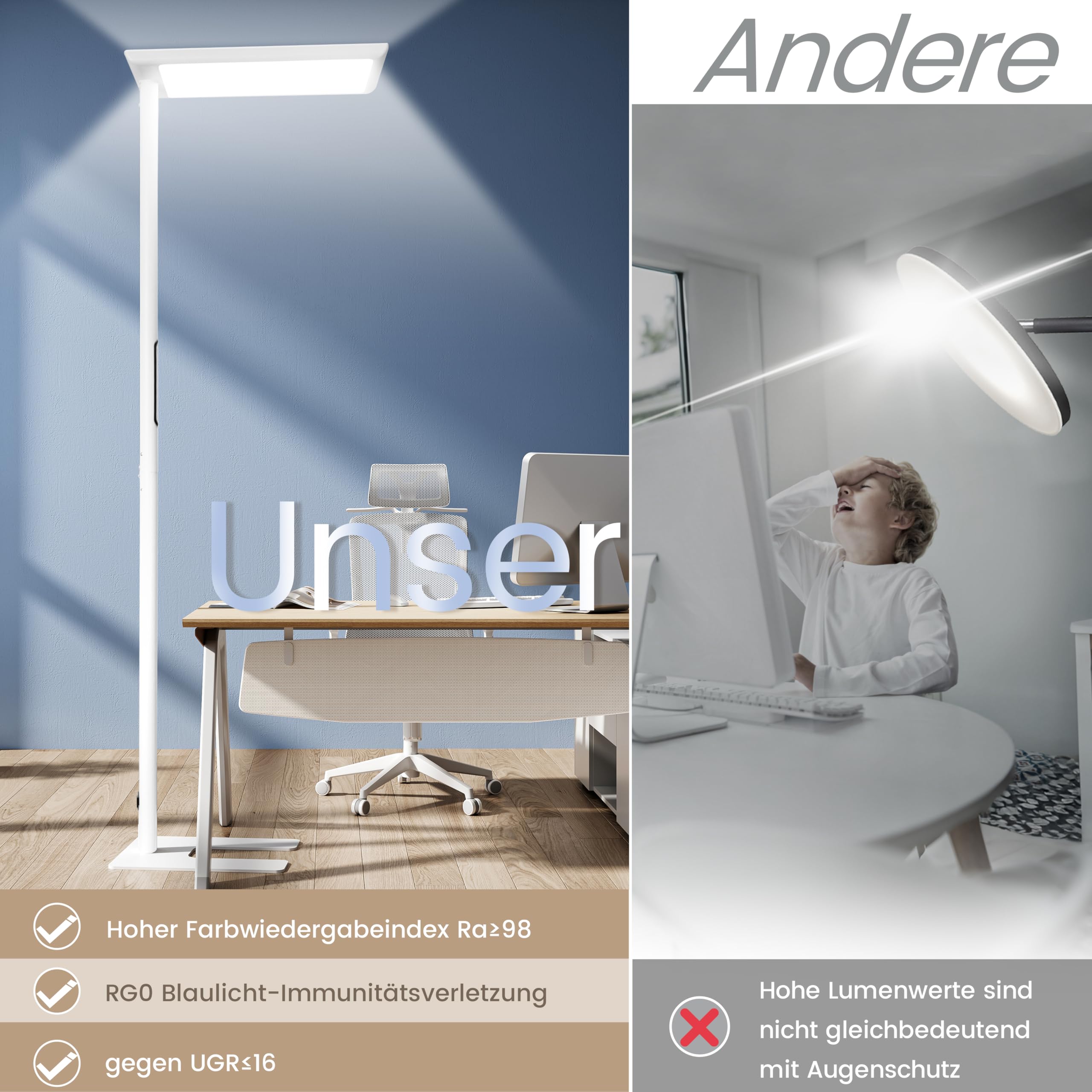 Büro Stehlampe – UGR<16, CRI>98, 7000lm, 4000K, Vollspektrum | 7000lm Tageslicht | UGR<16 blendfrei + CRI>98 | Vollspektrum 4000K | 60W+50W dimmbar | Büro, Kinderzimmer, Lesen | 198cm