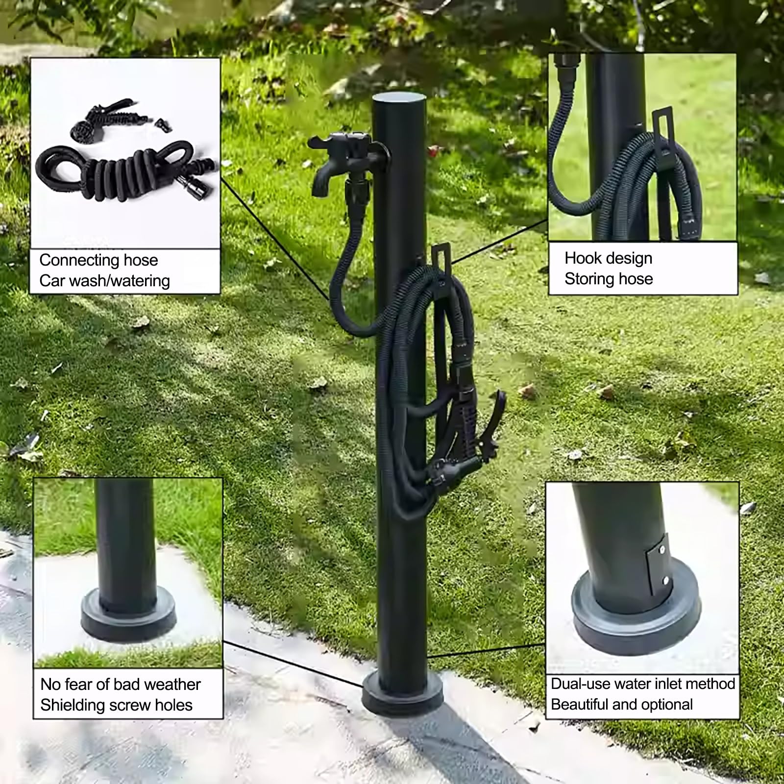 Columna de agua vertical para jardín, soporte de manguera independiente con grifo, hidrante anticongelante para exteriores y dispensador de agua decorativo para patio