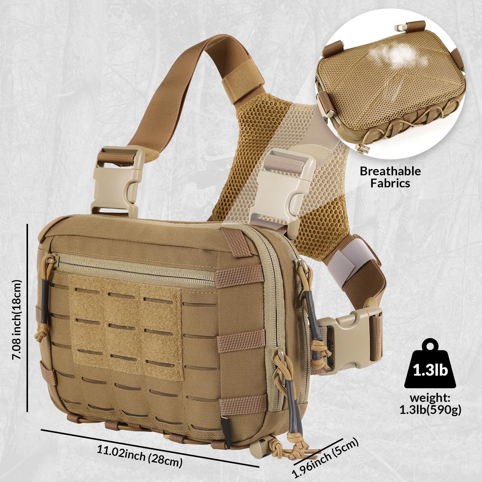 WLXW Taktische EDC-Brusttasche 2L Utility Molle Chest Rig Tasche Mit CCW-Fach Verstellbarer Gurt Für CS Jagd Airsoft Outdoor(TAN)