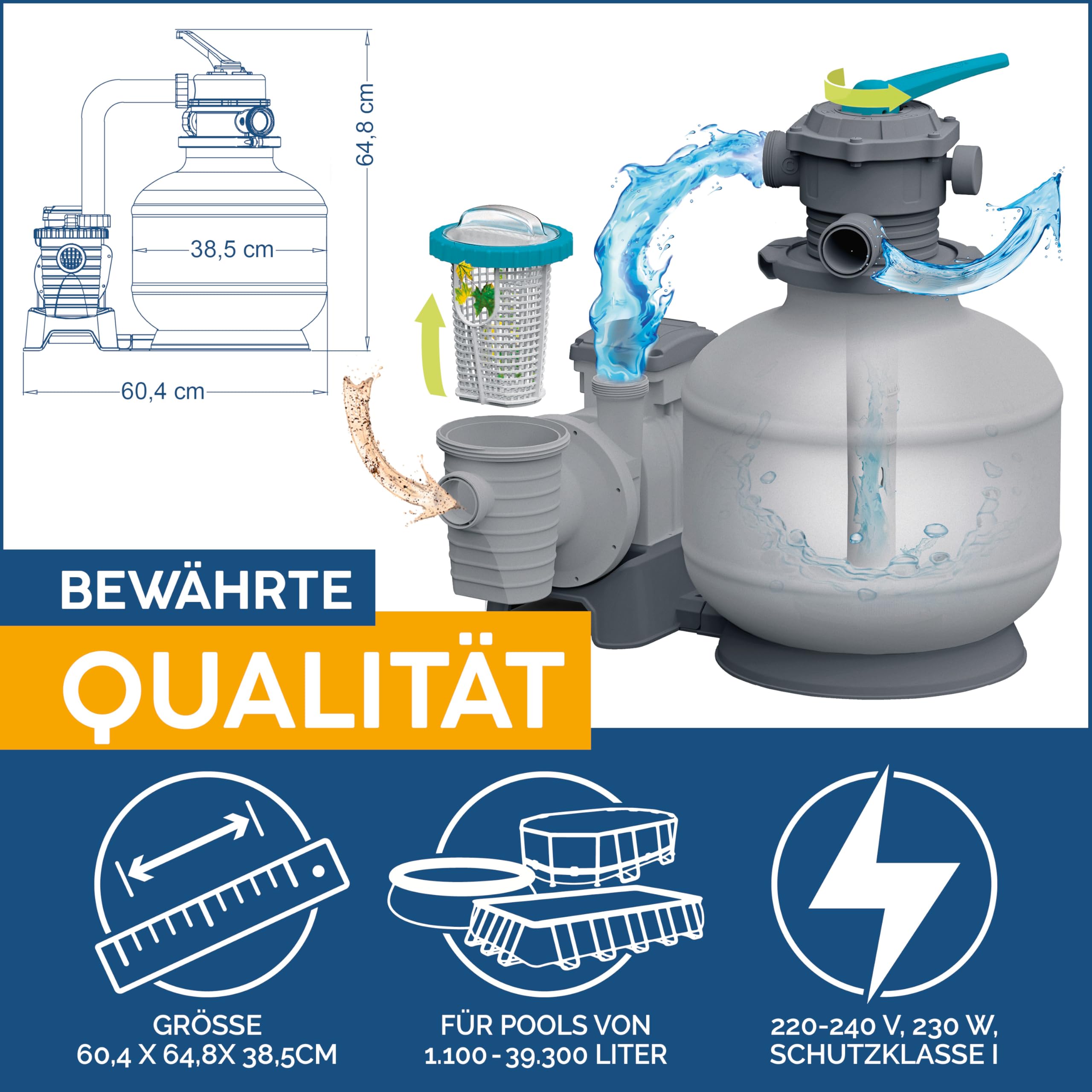 Bestway Sandfilteranlage mit Zeitschaltuhr, 6.056 l/h, 230 W, GS-Zertifizierung, 6-Wege-Ventil, Ø38-mm-Anschluss, korrosionsbeständiger Tank, Manometer, für Pools 1.100-39.300 L