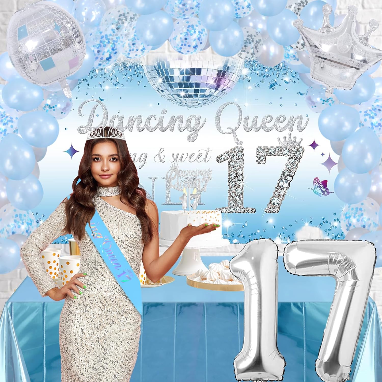 Trgowaul 17th Birthday Dancing Queen Party Decorations Girls Arch, Blue Silver 17 Year Old Dancing Queen Banner, Tablecloth, Belt and Tiara, Cake Topper, Sweet 17th Birthday Party Supplies for Girls