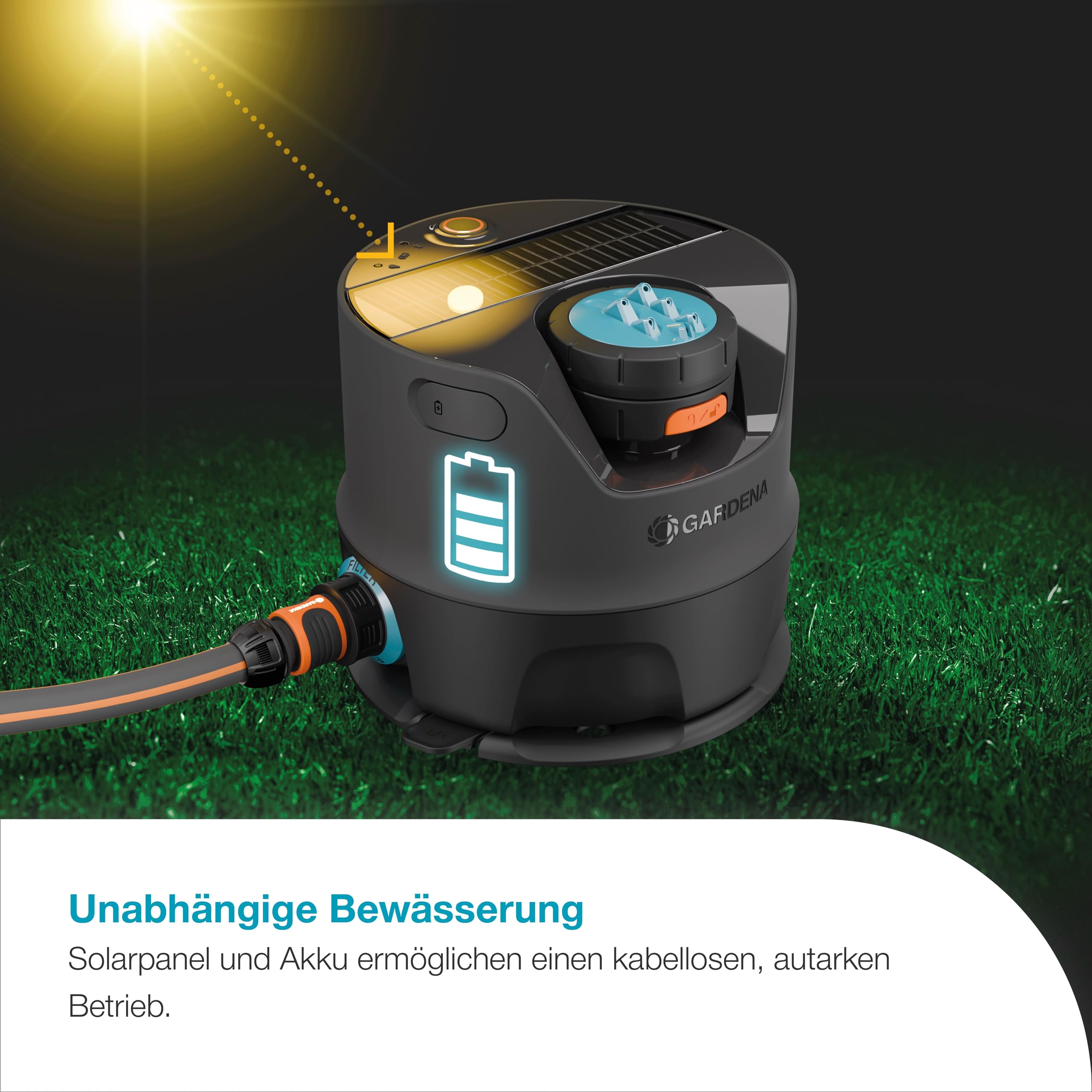 Gardena AquaPrecise Bewässerungssystem für Rasenflächen bis zu 320 m²: solarbetrieben, gleichmäßige Wasserverteilung, für jede Gartenform, Bluetooth, einfache Installation (16000-20)