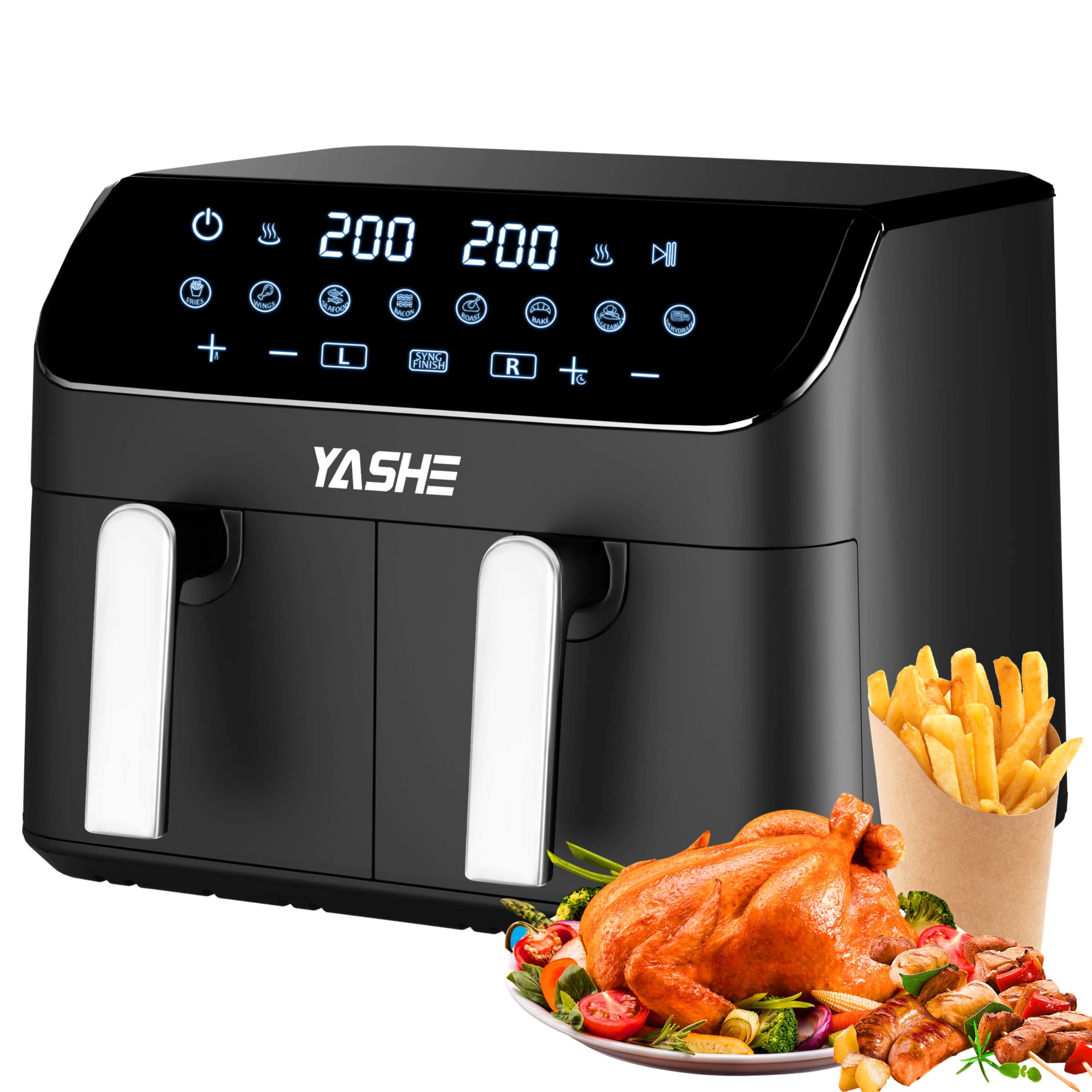 YASHE Friggitrice ad Aria Doppio Cestello, 9L XXL Capacità Friggitrice Aria con 2 Cestelli Separati, 8 in 1 Programmi di Cottura, Touchscreen LED, Cottura Sana, Veloce e Versatile Air Fryer
