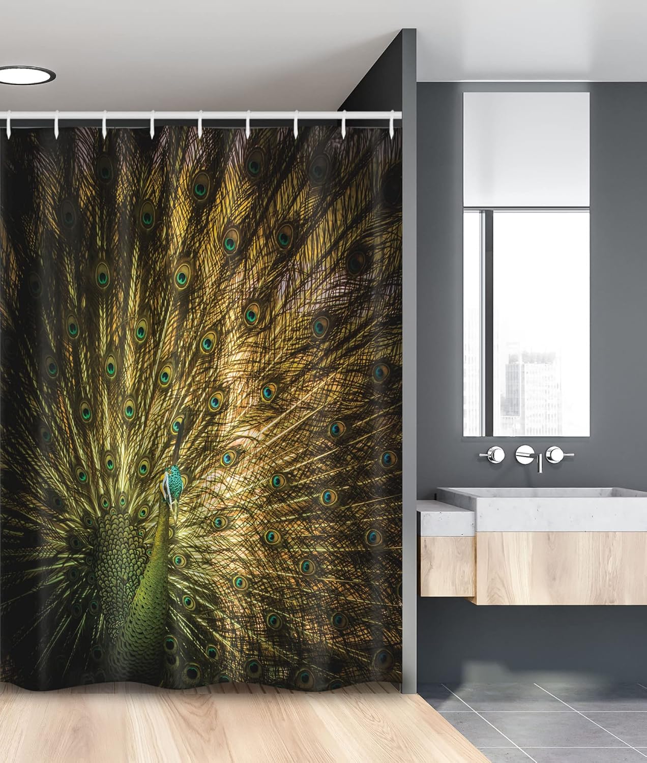 Ambesonne Peacock Stall Shower Curtain, Portrait of Male Bird Feathers Out Picture in Dark Colors Modern Print, Fabric Bathroom Decor Set with Hooks, 54" W x 78" L, Mustard Green