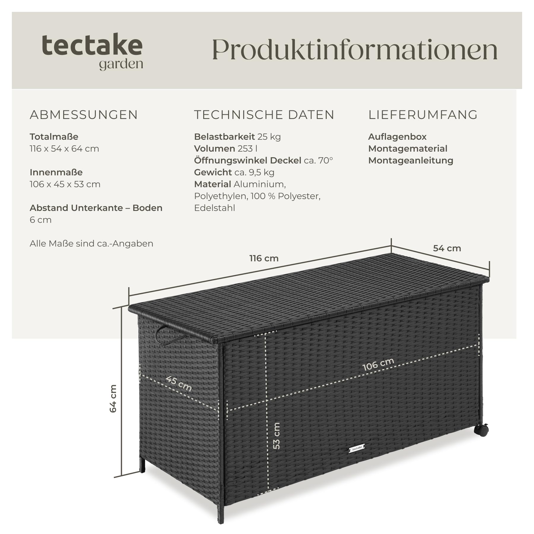 tectake® Auflagenbox 253 l, 116 x 54 x 64 cm, 2 drehbare Rollen mit Feststellbremse, Polyrattan mit Aluminiumrahmen, Kissenbox, Auflagenbehälter, Gartenbox, Sitzkissen Box, Polsterbox - schwarz
