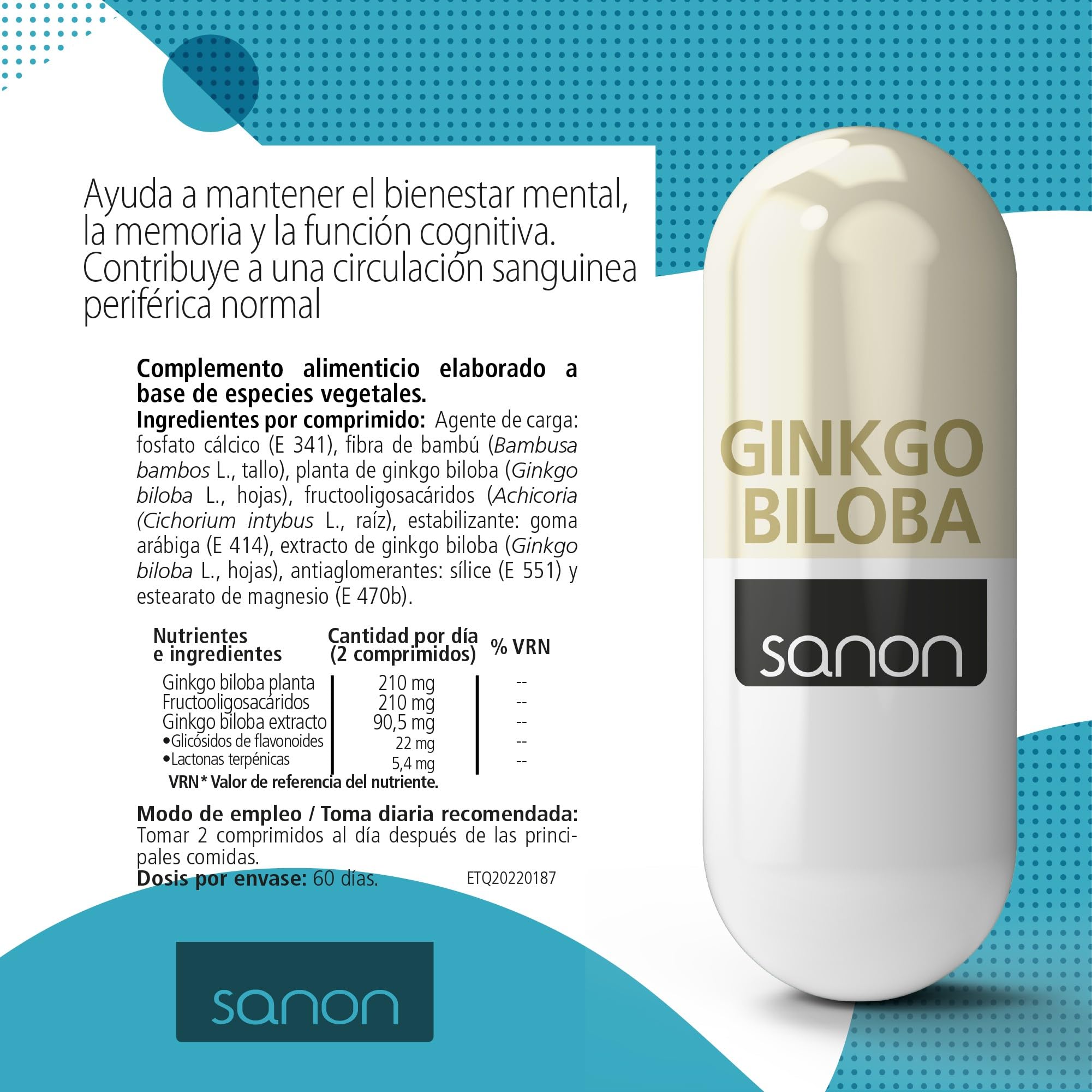 SANON Ginkgo Biloba - 120 Comprimidos de 700mg - Complejo Vitaminico Antioxidante - Ayuda a la Memoria, Circulación Sanguínea, Concentración y Cansancio Mental, Protector Capilar