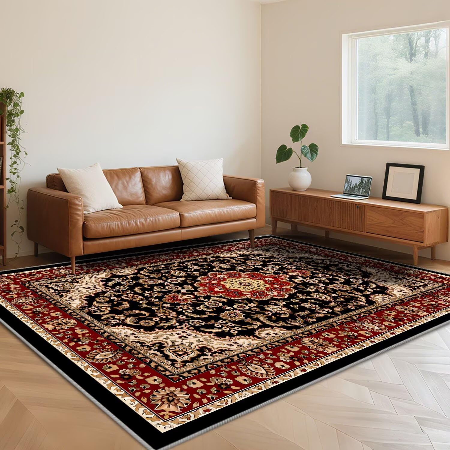 Tapis lavable à poils courts rouge 100x200 cm au motif ethnique doux pour salon et chambre