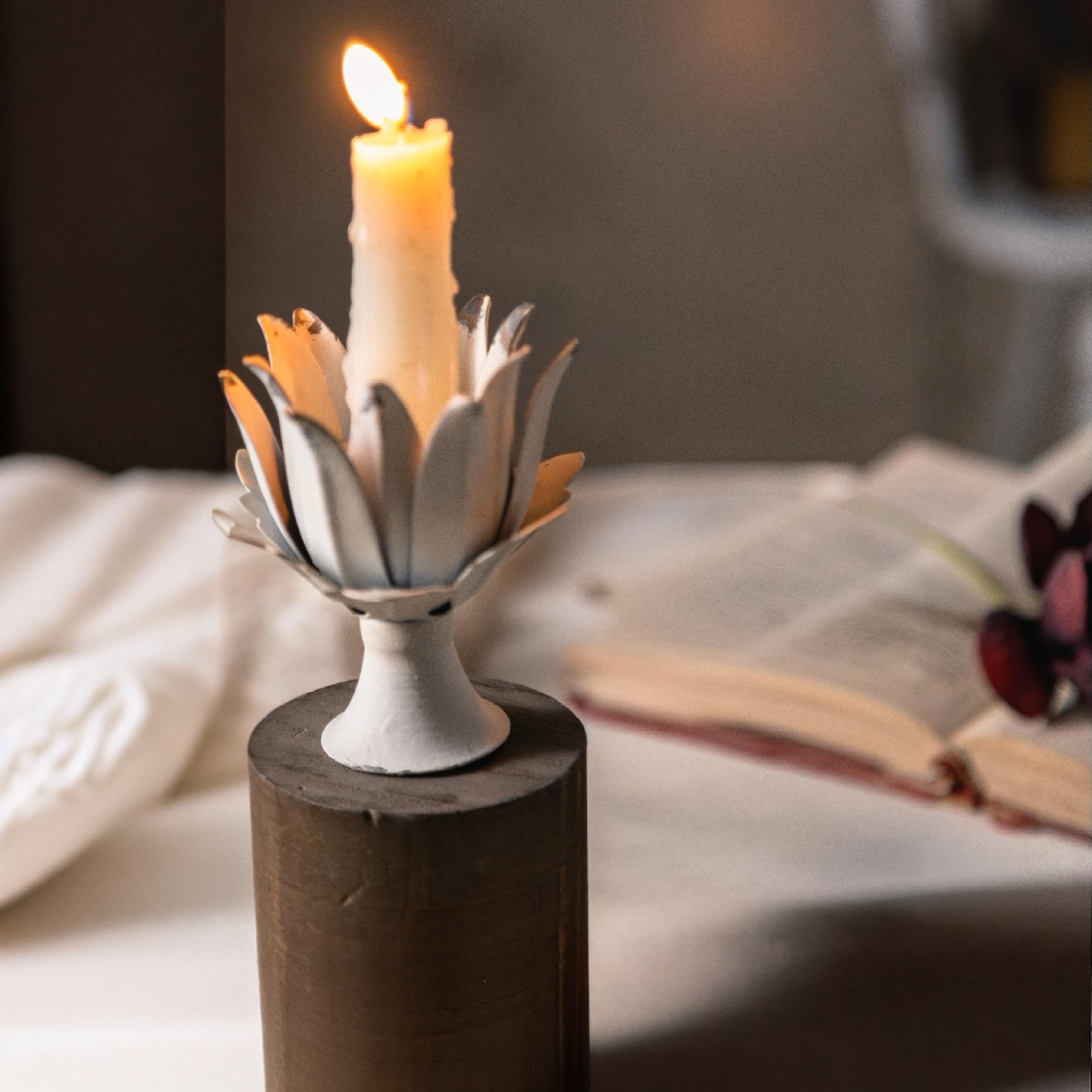 Vintage Floral Candelabra - Hand-Distressed Iron Flower Candle Holder with Solid Wood Base, Antique White Metal & Rustic Wood Taper Candle Stand for Home Decor (8x8x22cm)