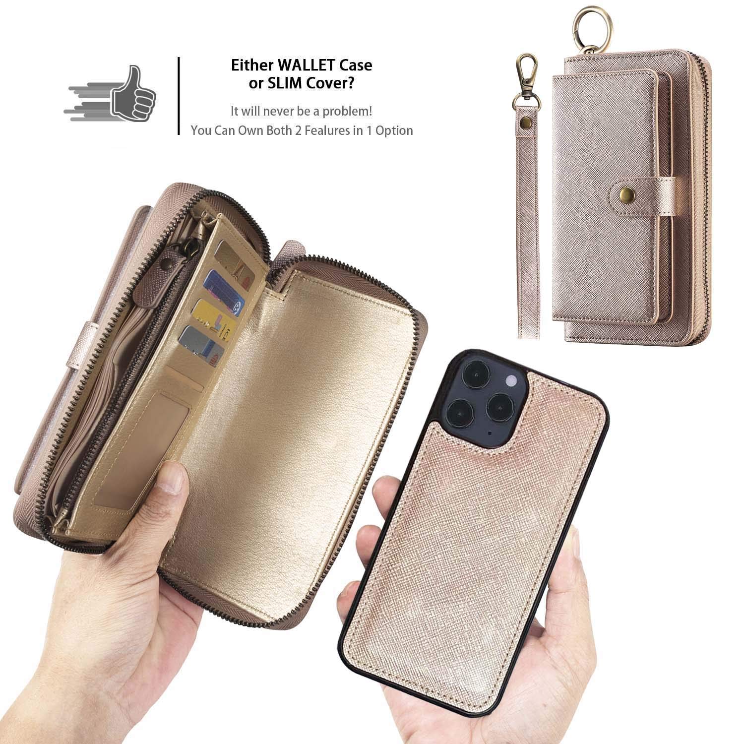 LITOU Compatibile con iPhone 14 Custodia a portafoglio con cinturino in pelle PU, con cerniera, porta carte e custodia posteriore magnetica rimovibile per uomini e donne, RG