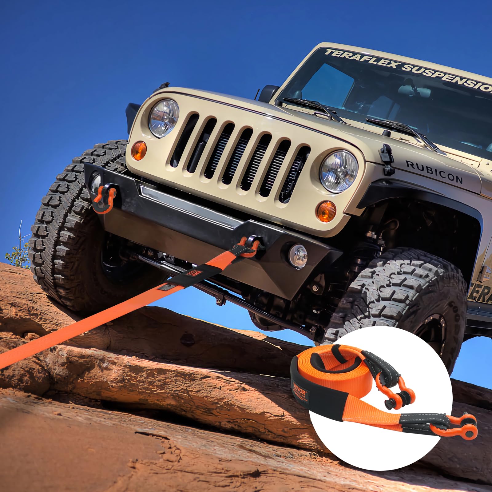 VEVOR Sangle de remorquage robuste, 76,2 mm x 6.1 m, corde de treuil pour sauve-arbre, 16329 kg, boucle triple renforcée, manchons de protection, sac de rangement, manilles à anneau D, camion Jeep SUV