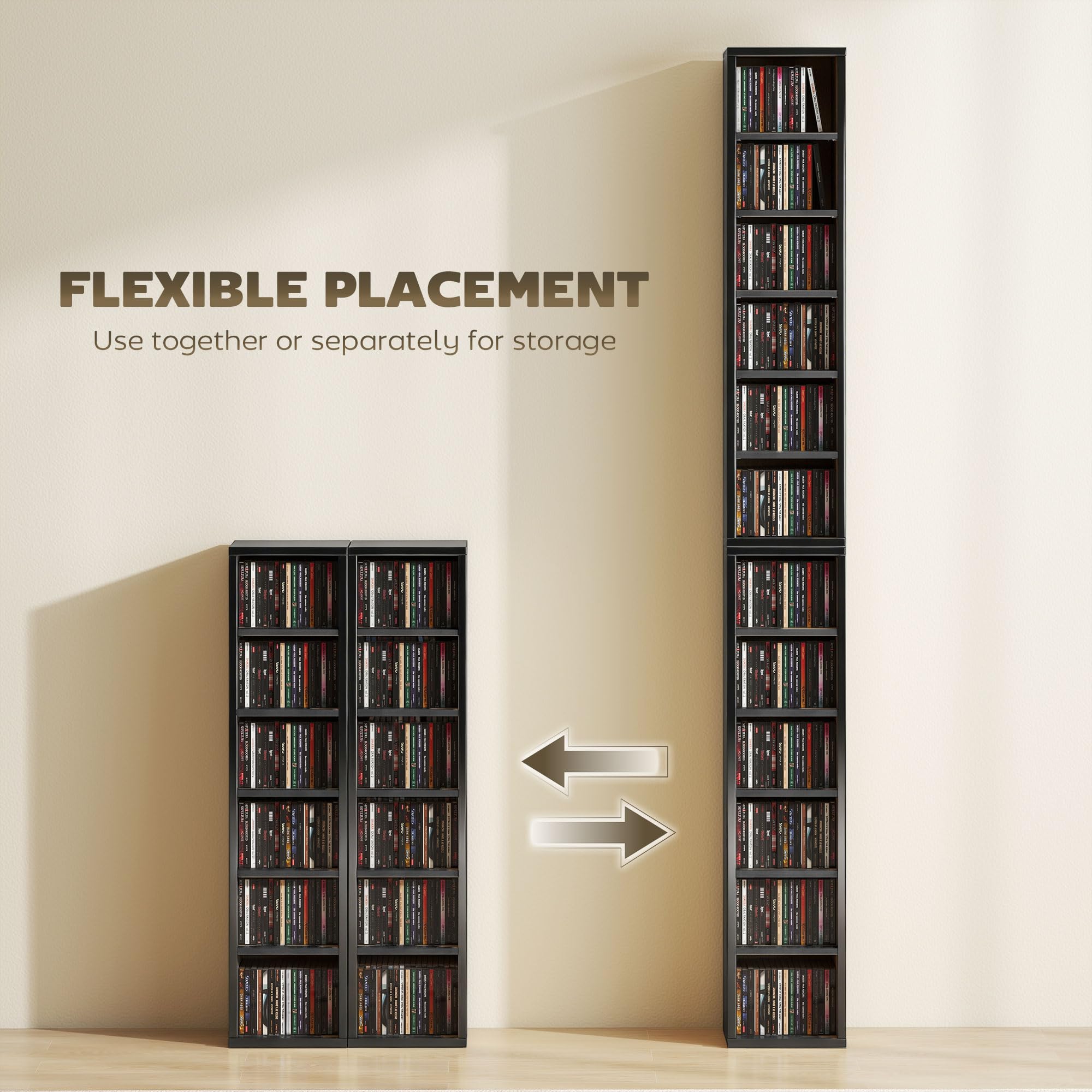 HOMCOM Set di 2 scaffali per CD Media Display 204 Blu-Ray Tower Rack w/ripiani regolabili libreria organizer portaoggetti, nero lucido