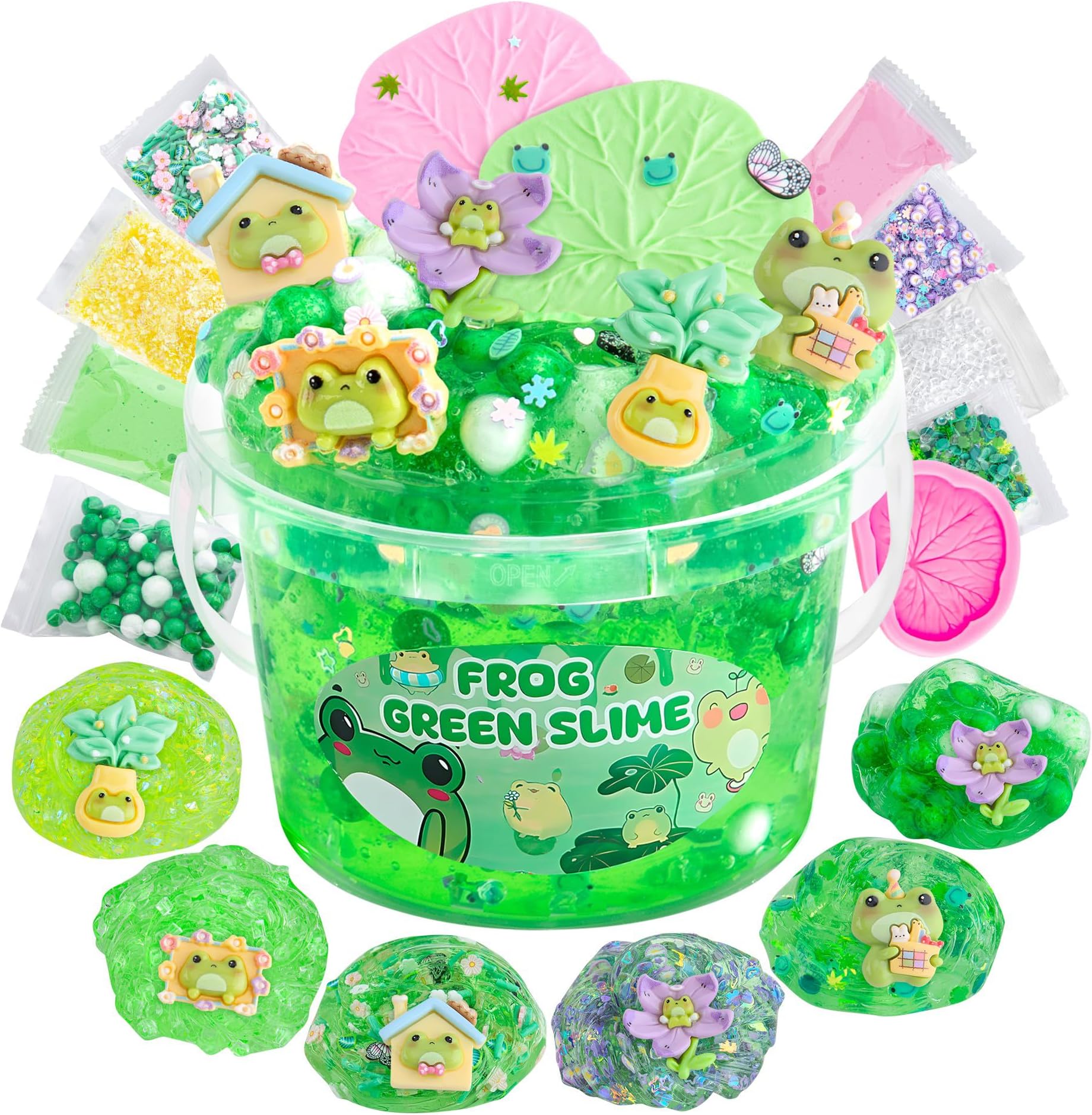– 300ml Frog Clear Slime Kit - Green With 9 Packs Clay Add-Ins, Butter Slime for Girls & Boys Party Bag Fillers, Making Kit for Birthday Halloween Christmas Easter