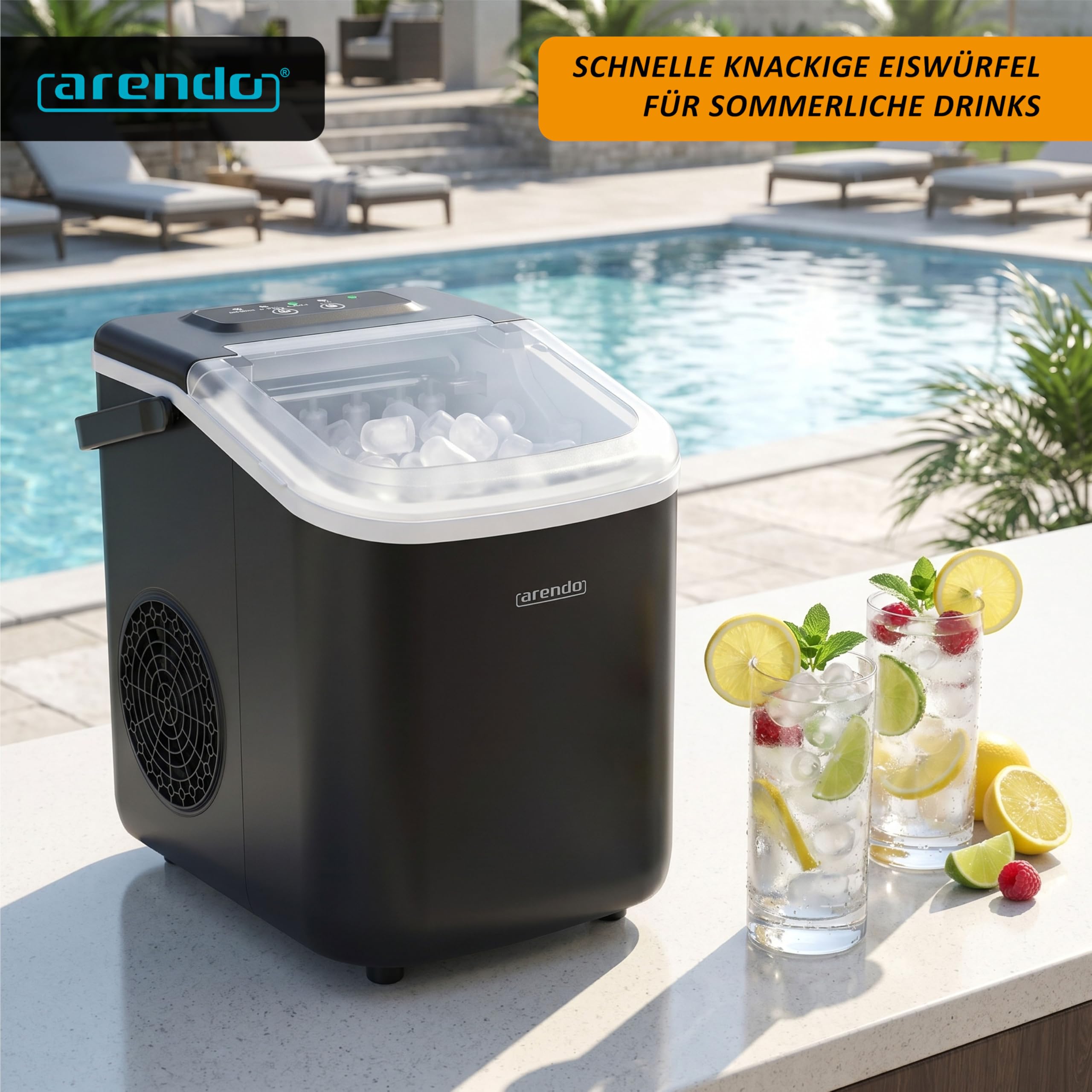 Arendo - Eiswürfelmaschine klein – max. 12 kg Eis pro Tag – 2 Größen große Würfel und kleine Würfel - großes Sichtfenster – doppelwandig – Eiswürfel Bullet – Tragegriff - Ice Maker