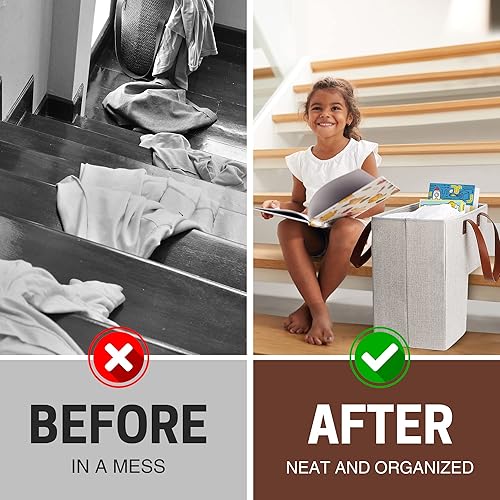 Vista 17 de SAM AND MABEL Cesta de escalera con hermosas asas de cuero sintético, cestas de escalera de fieltro duraderas para escaleras de moqueta y madera