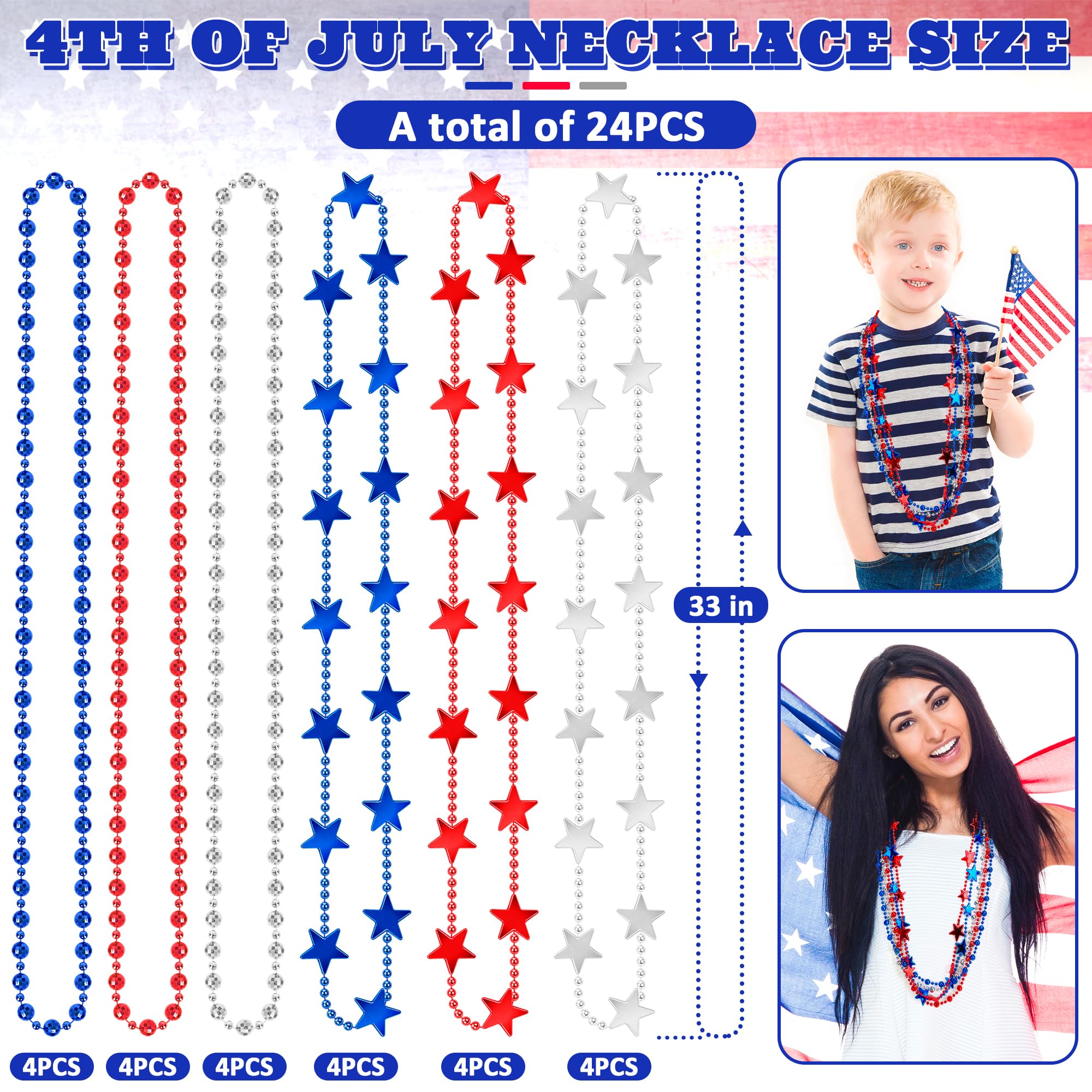 EOBOH 4th of July Accessories, 24PCS Fourth of July Patriotic Beads Necklaces Bulk, Independence Day Red Blue White Stars Round Beads, Patriotic Necklace for Parade Party Favors Decorations