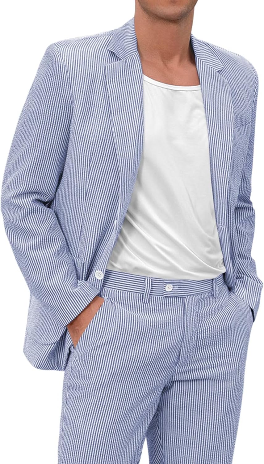 EMERAIDVLN Seersucker Suit Mens 2 Piece Regular Fit Beach Wedding Casual Prom Summer Wear Striped Blazer and Pants