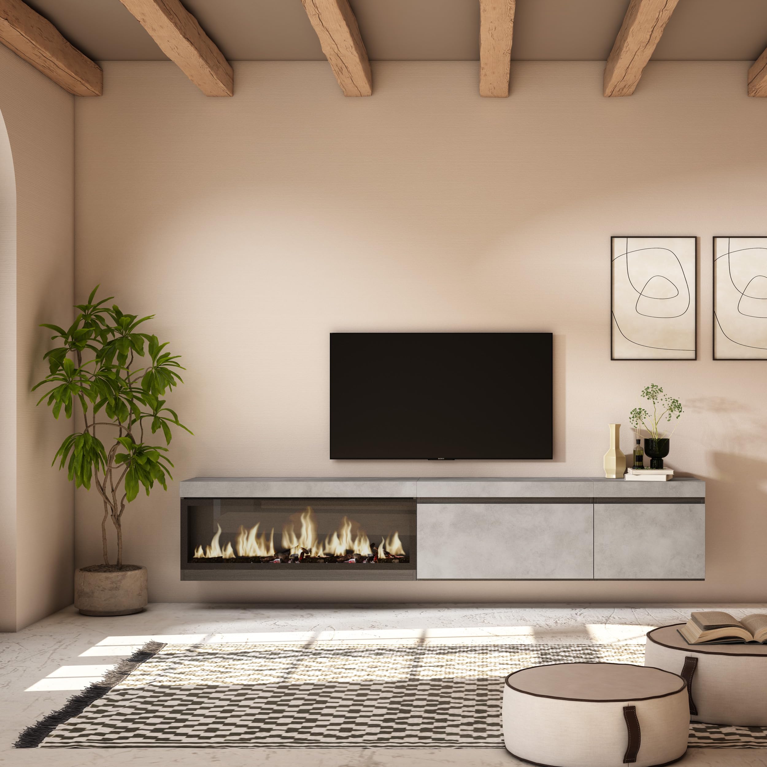 Skraut Home | Mueble TV | Televisión | Muebles de salón, almacenaje | 237x45x35 cm | para TV Gran Formato | Chimenea eléctrica XXL | Colgado, Suspendido | Estilo Moderno | Cemento