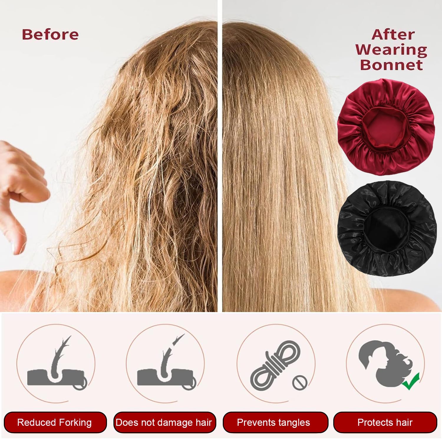 iLamvie 2 pezzi Cuffia Seta Capelli Ricci,Silk Bonnet,Berretto Da Notte Raso Elastico Per Dormire Cappello Da Notte Per Donna Berretto Da Notte Raso Per Donna Ragazza(Nero+rosso)