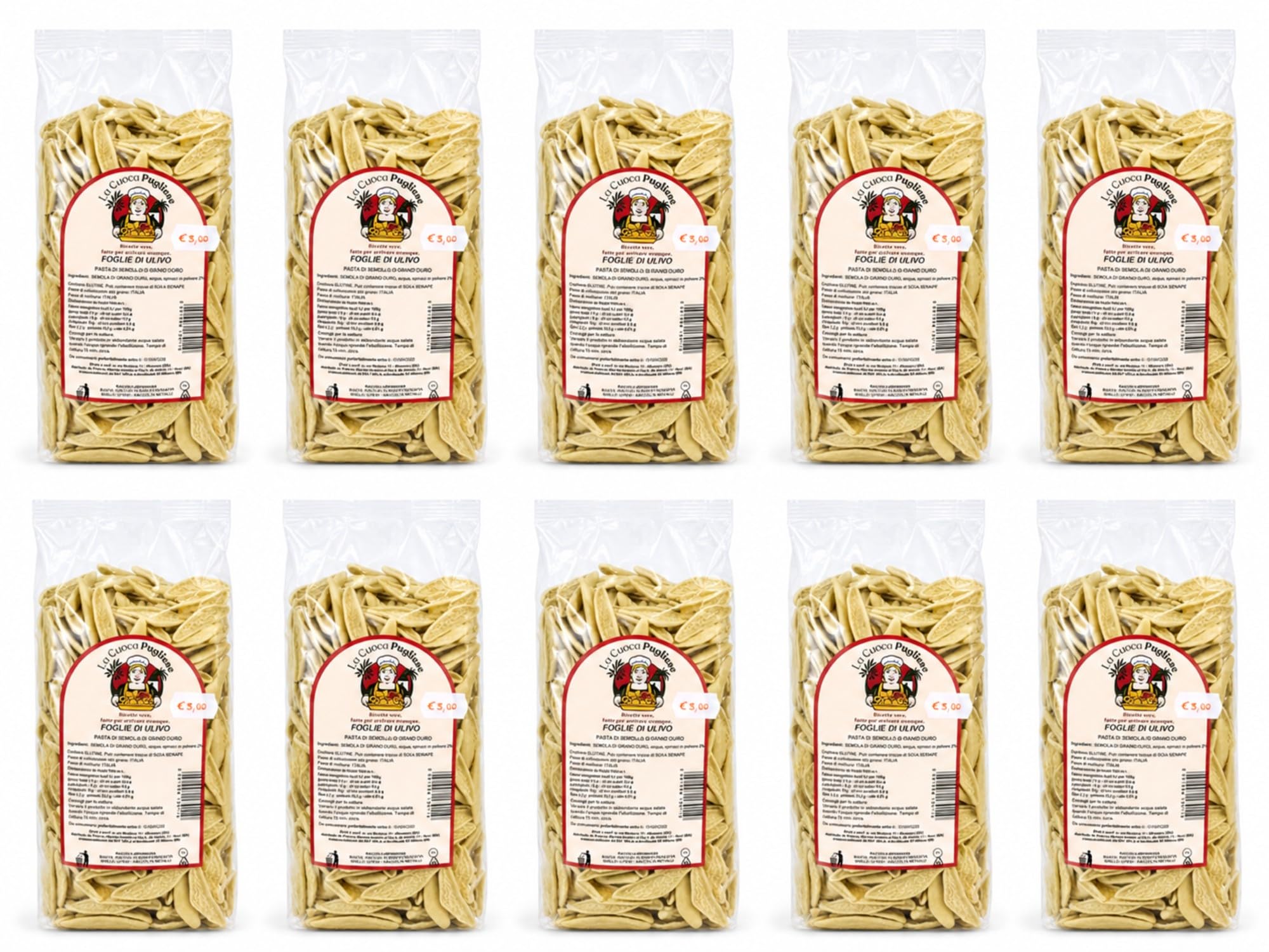 La Cuoca Pugliese - Foglie d'Ulivo, produzione artigianale pugliese, confezione da 10 pacchi x 500 g, pasta italiana