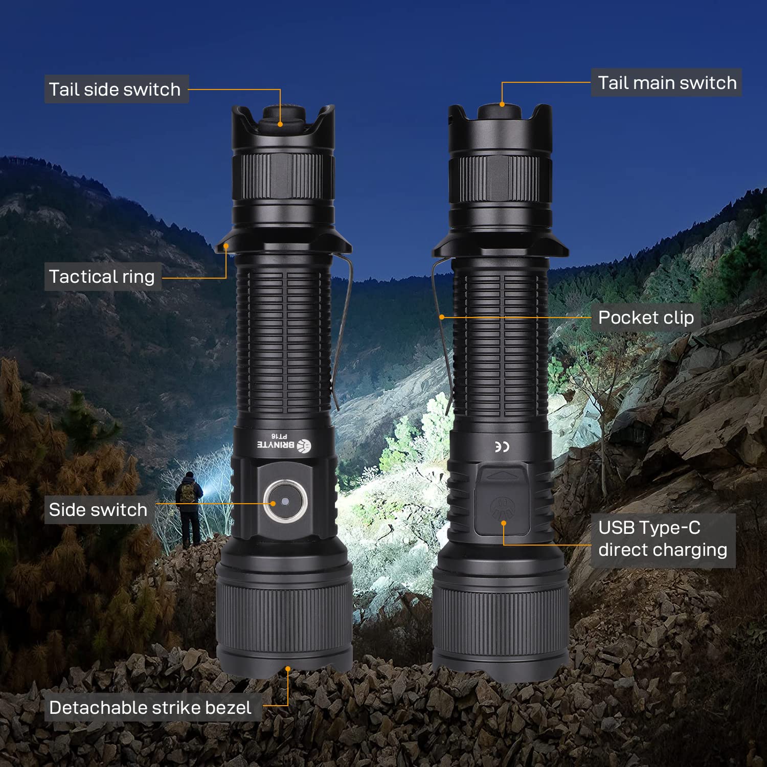 Brinyte PT16 Linterna Táctica Ultrabrillante Largo Alcance Emergencia | 2000 Lúmenes,Alcance Máximo 600m,6 Modos Luz Intermitente&SOS, Indicador Estado,Bloqueo Teclas,Camping Senderismo Emergencias