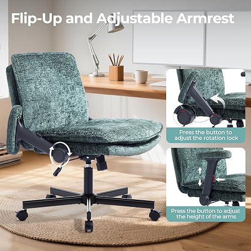 Miniatura 3 de Silla cruzada con brazos abatibles y ruedas con bloqueo, silla de escritorio de oficina de tela de felpa, silla giratoria ajustable de 125 más ancha