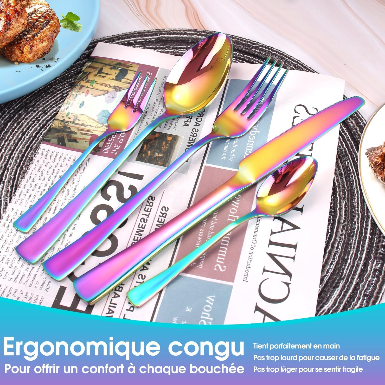 Juego de cubiertos para 6 personas, 30 piezas, multicolor, incluye cuchillo, tenedor, cuchara, cubiertos de acero inoxidable pulido con espejo, apto para lavavajillas