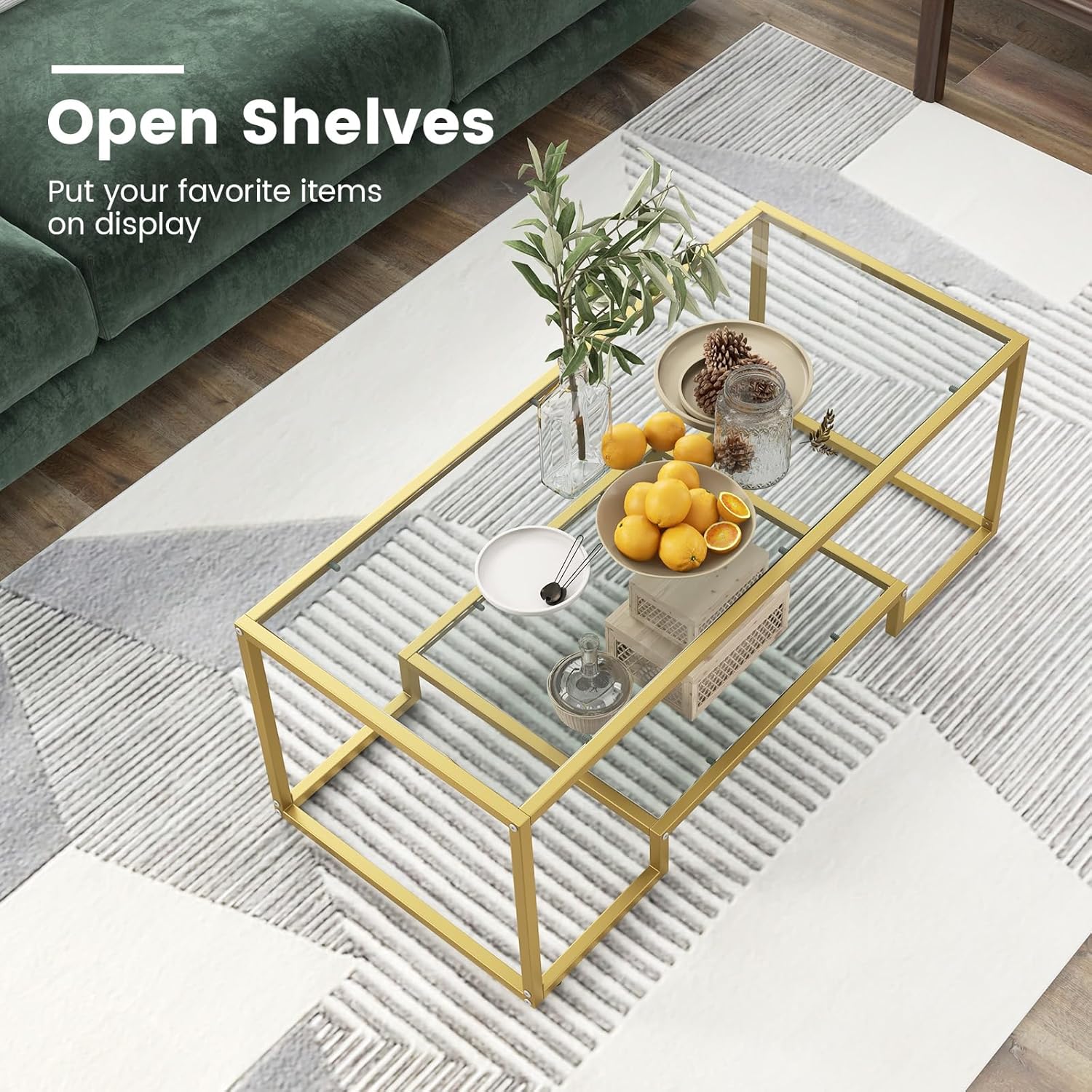 NAFORT Tempered Glass Coffee Table, 45 Inch Gold Rectangular Modern Center Table with Lower Storage Shelf