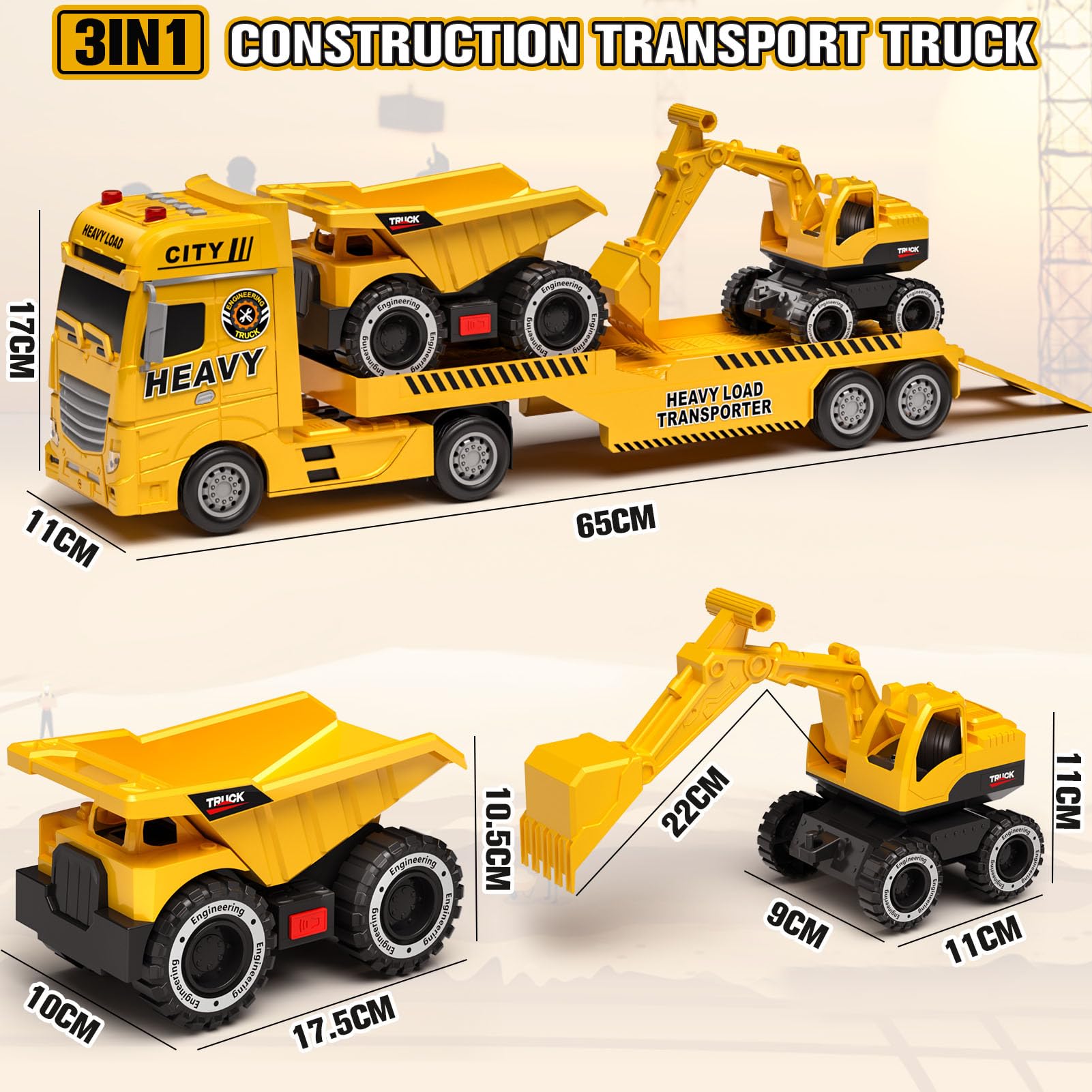 Tacobear Camion Costruzione Giocattolo Bambini grande Camion Veicoli da Cantiere con Escavatore Camion Spazzatura, Camion Trasportatore Macchinine Giocattolo Regalo per Bambini 2 3 4 5 6 anni