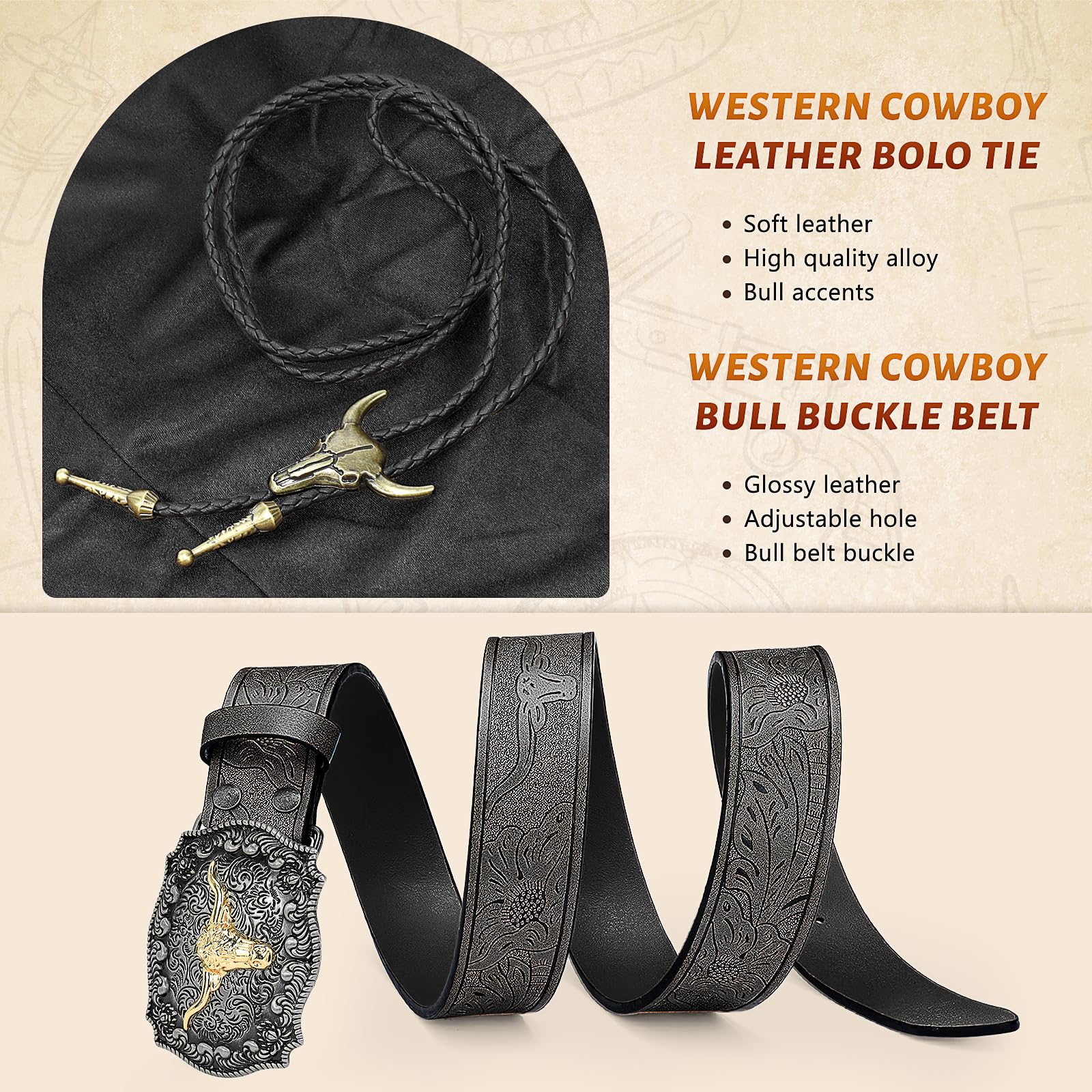 MALLOOM Ensemble de 4 Pièces Tenue Western pour Homme – Gilet Cowboy en Suédine, Chapeau, Cravate Bolo et Ceinture avec Boucle pour Déguisement Halloween