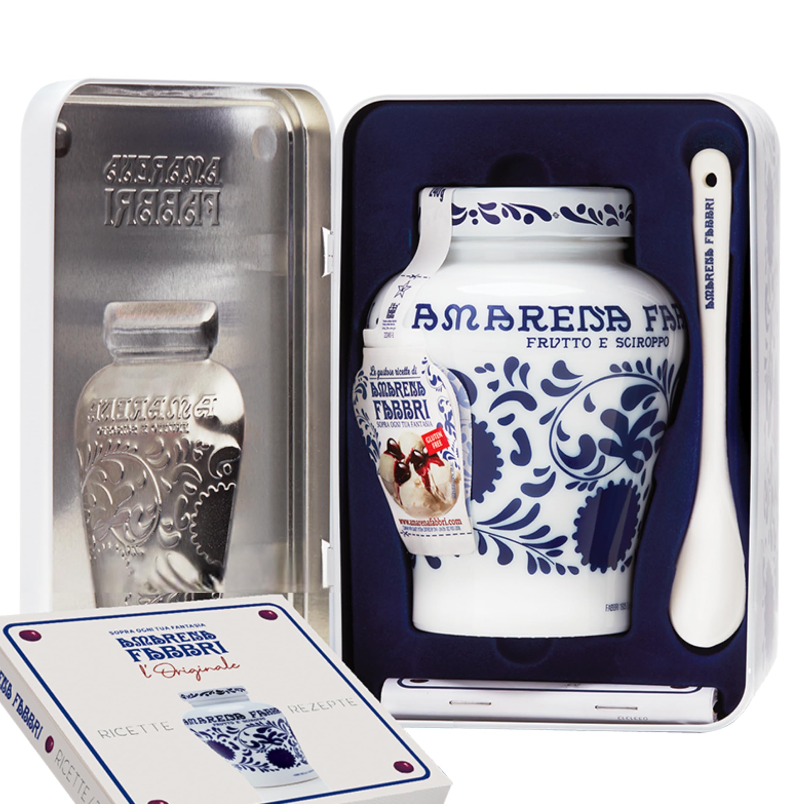 Fabbri 1905 - Cofanetto Regalo in latta | Vaso Amarena Fabbri 600g + Cucchiaino di ceramica decorata + Libro di ricette