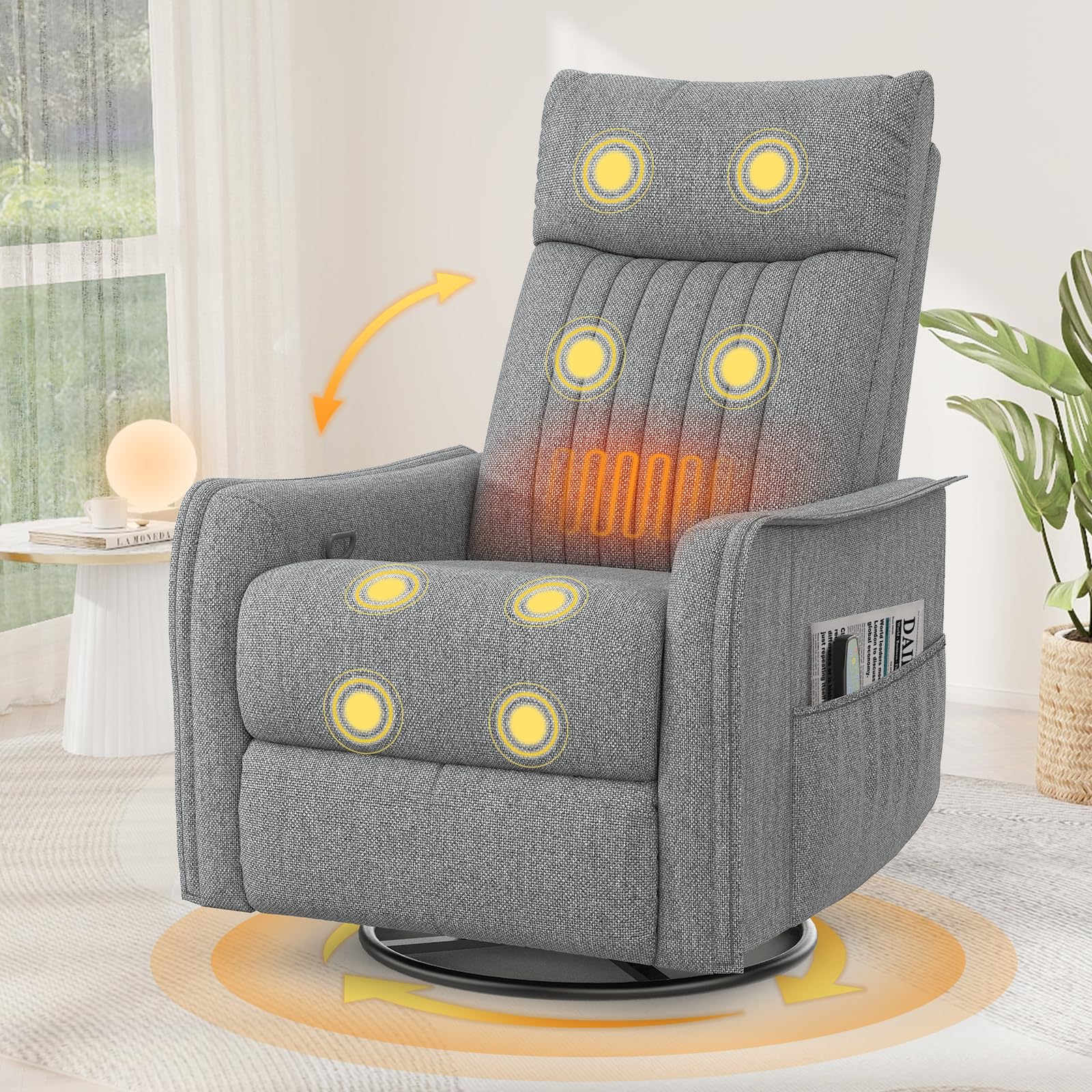 Srfzluxy Fernsehsessel Massagesessel mit Liegefunktion, Relaxsessel mit Wärme und Massage, 360°Drehbarer TV Sessel Wohnzimmer, Schaukelstuhl mit Gepolsterte Kopfstütze, 2 Seitentaschen