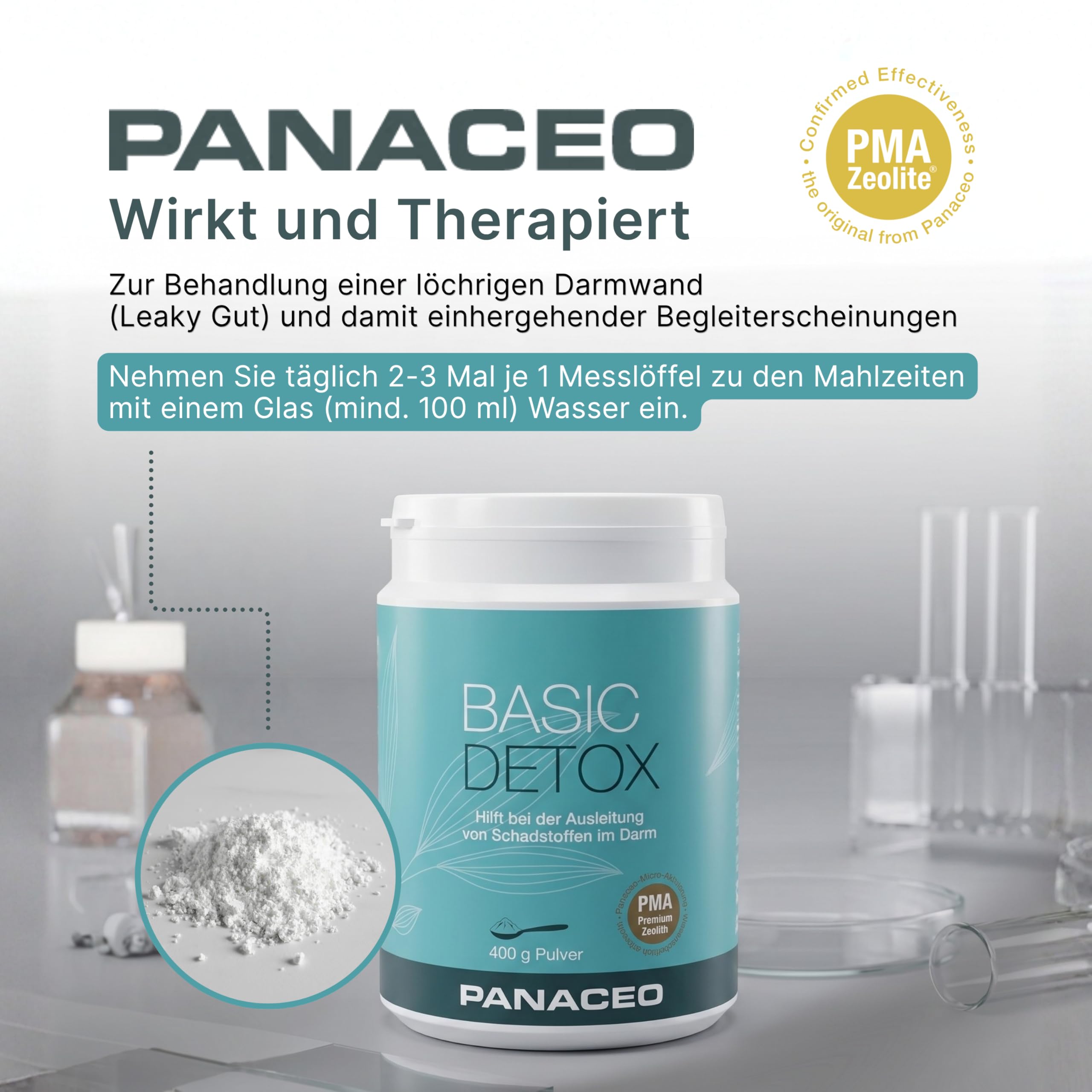 PANACEO Basic-Detox – Medizinprodukt Klasse IIb zur Entgiftung des Magen-Darm-Trakts – PMA-aktivierter Zeolith – zur Stärkung der Darmwand (400g)
