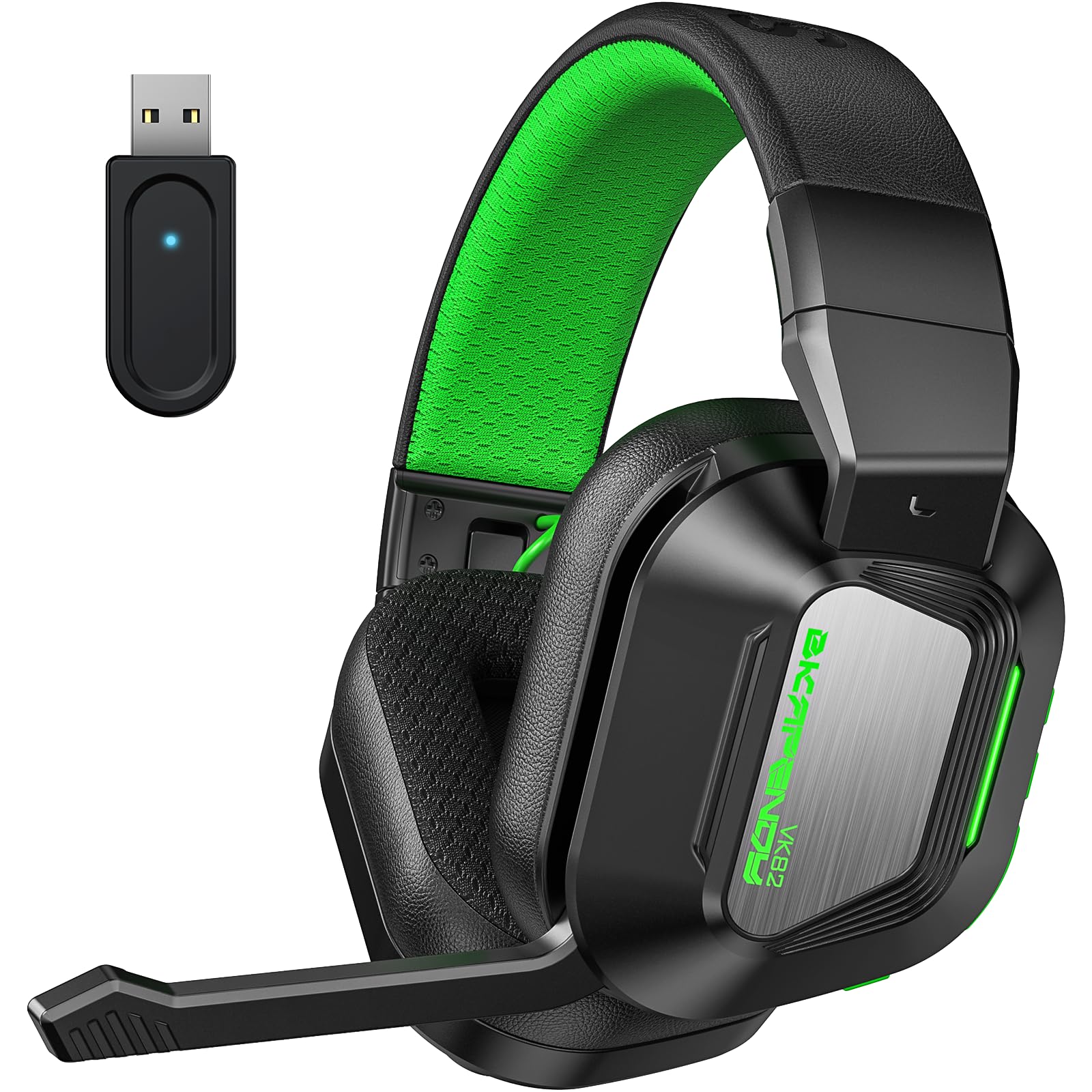 VK82 Casque Gaming sans Fil avec Microphone, 2.4GHz Casque Bluetooth Annulant Le Aruit pour Ps4, Ps5, PC, Switch, Mac, Casque de Jeu Pliable avec Éclairage RGB, Batterie de 50h -Noir Vert