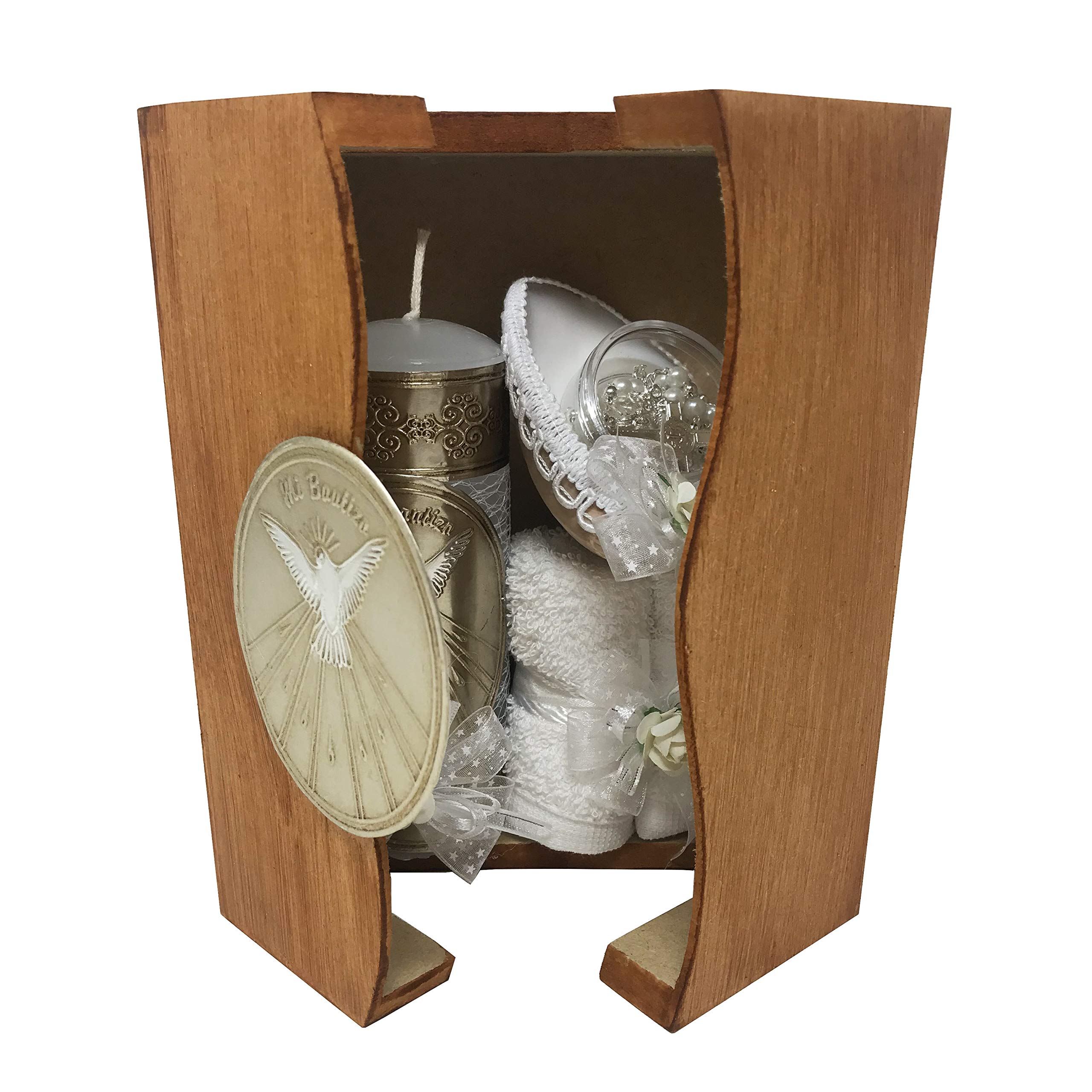 Arcangeles Mexicanos Catholic Baptism Candle Set in a Wooden Box with Towel, Candle, Rosary and Shell for Baby Boys and Girls. Handmade in Mexico