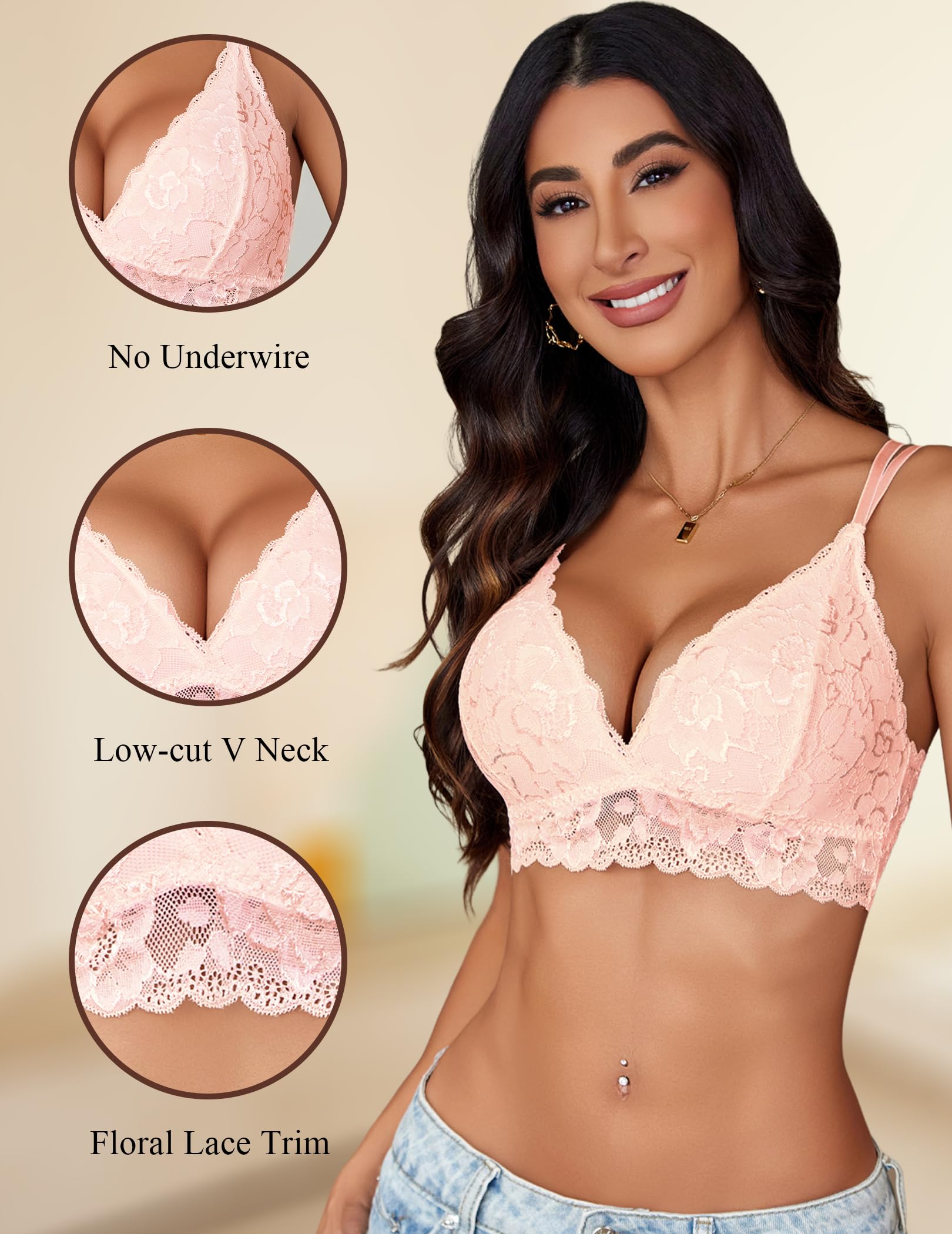 Avidlove Bras for Women Floral Lace Bralettes Deep V Sexy Bras Cross Back Longline Bralette No Padded: Light Pink XX-Large