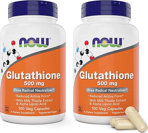 Now Glutatión 500 mg, 100 cápsulas veganas (paquete de 2) – Suplemento GSH de forma reducida – Mejorado con extracto de cardo mariano y ácido alfa