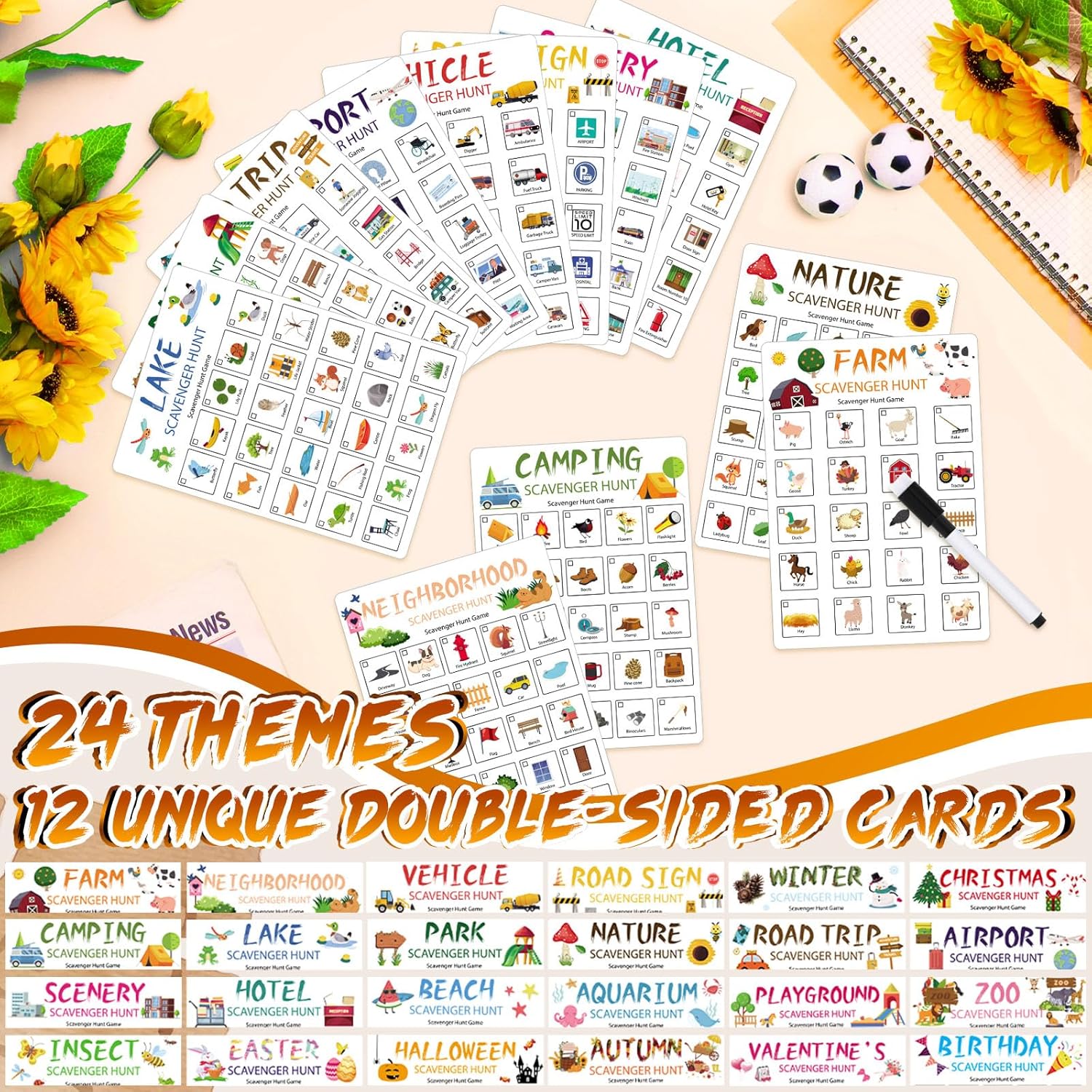 Hoolerry 12 Pcs Scavenger Hunt for Kids 24 Themed Scavenger Hunt Cards Nature Camping Road Trip Vehicle Birthday Valentines Game Outdoor Indoor Seek Activity for Kids Adults