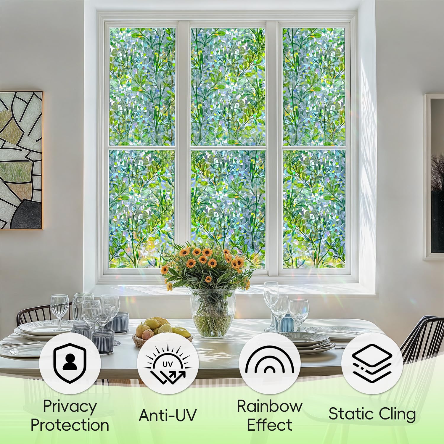 DUOFIRE Sichtschutzfolie für Fenster, dekorativ, Buntglas, Regenbogen-Laub, Fensterfolie, UV-Schutz, nicht klebend, statisch, wiederverwendbar, bunt, Fensteraufkleber für Zuhause, 90 x 200 cm